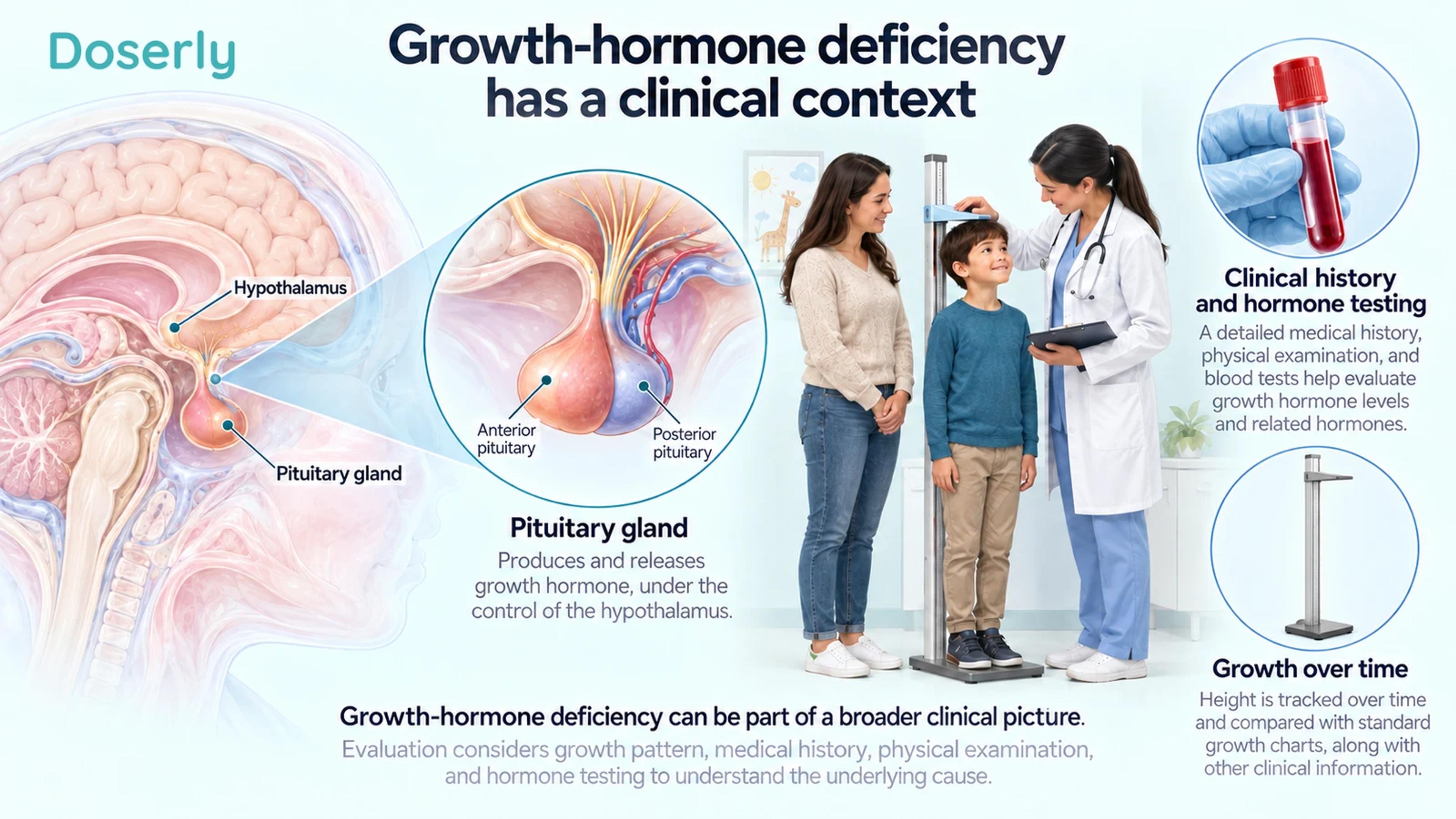 Pituitary anatomy beside a child undergoing a calm clinical growth assessment.