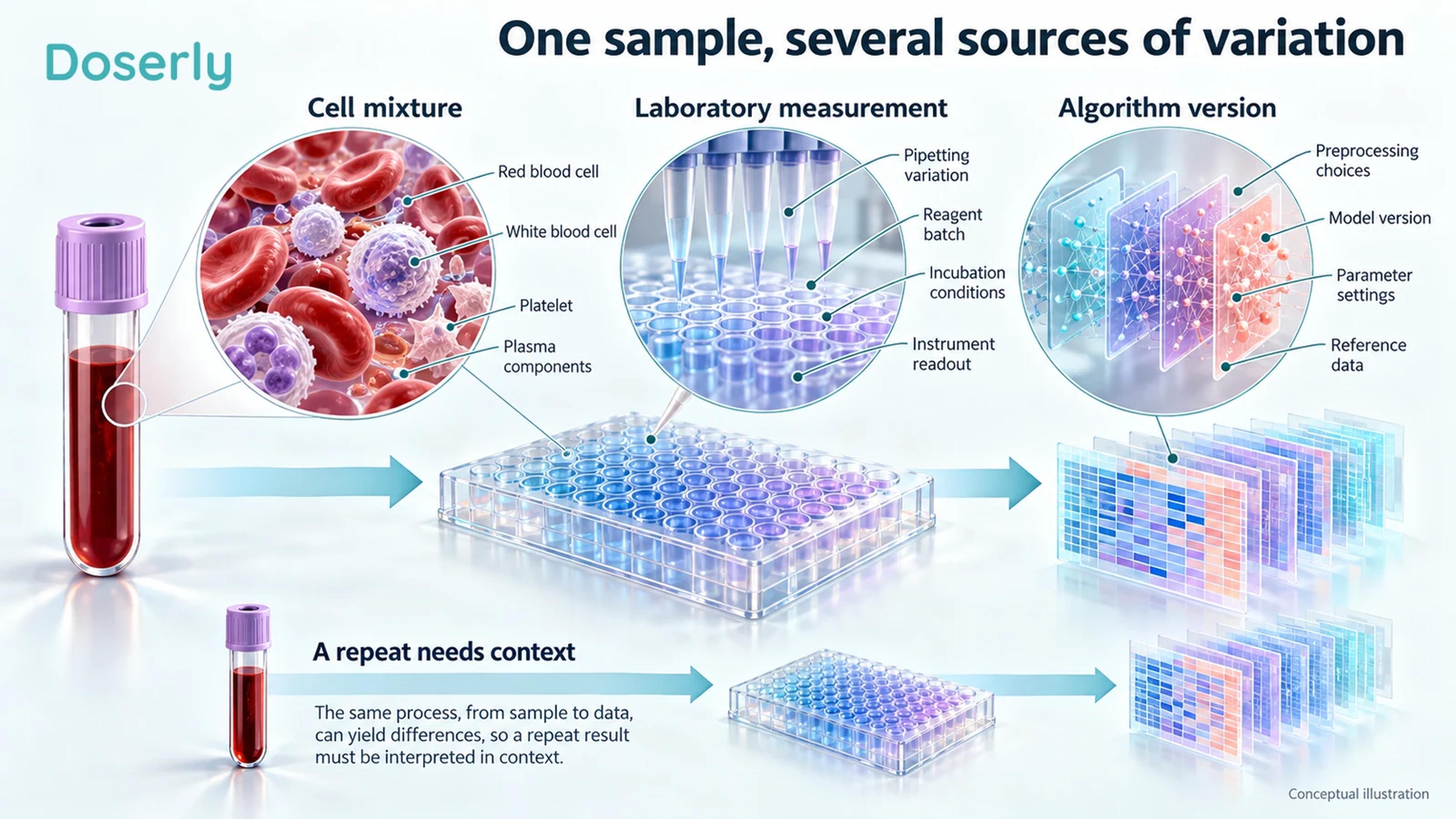 A blood sample passes through cell-mixture, laboratory and algorithm stages, with a repeat sample below