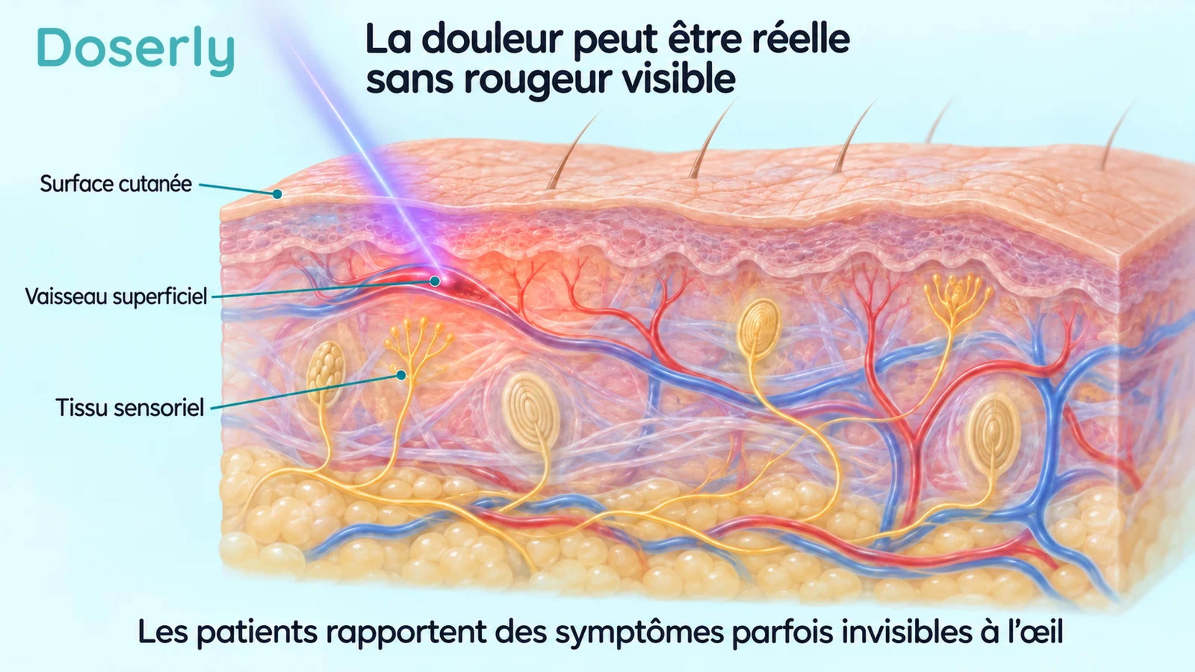 Coupe détaillée de la peau montrant des vaisseaux superficiels et des tissus sensoriels sous une surface d’apparence ordinaire.