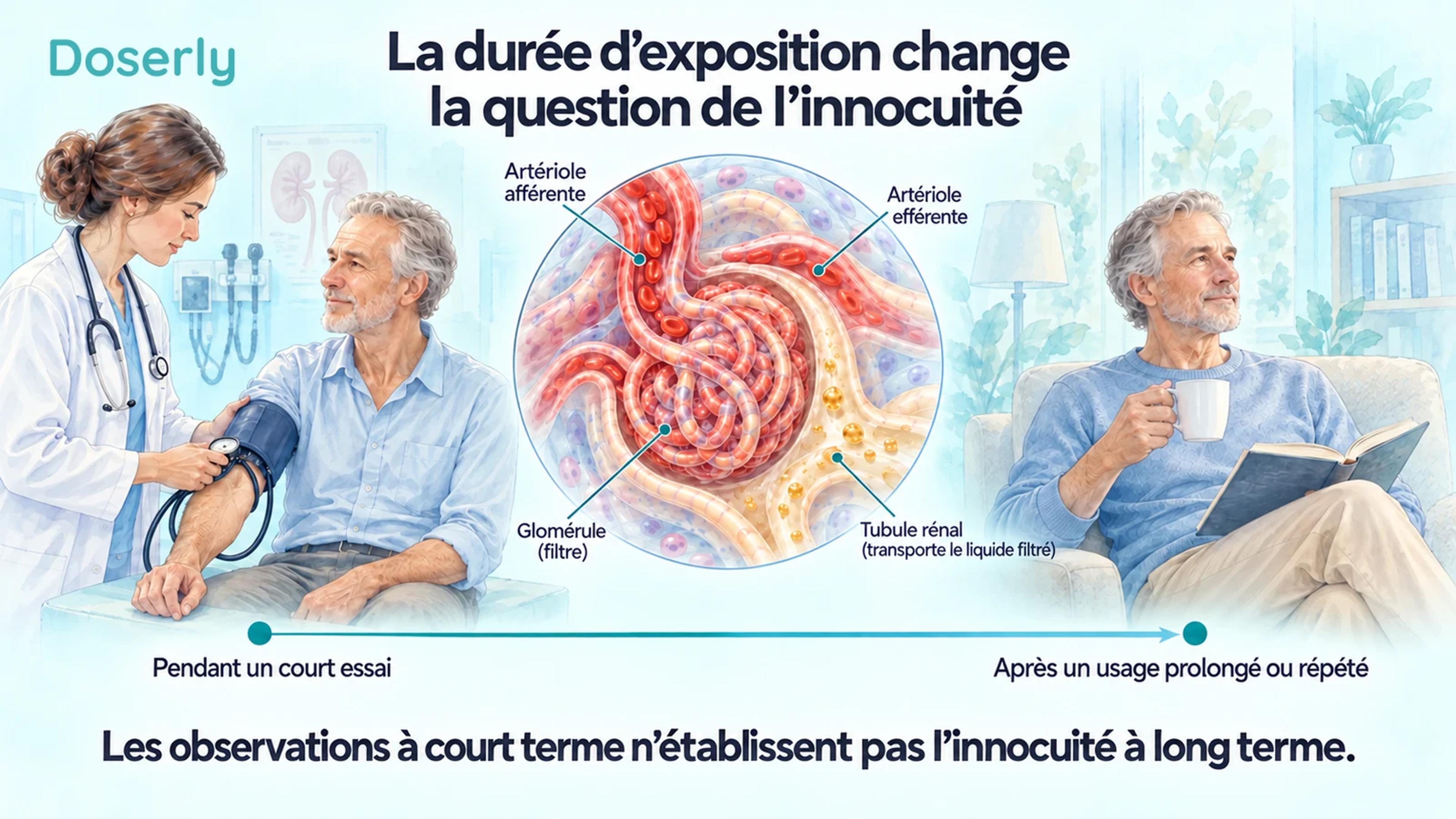 Surveillance clinique pendant une courte étude comparée à une scène ultérieure à domicile, avec un filtre rénal conceptuel entre les deux.