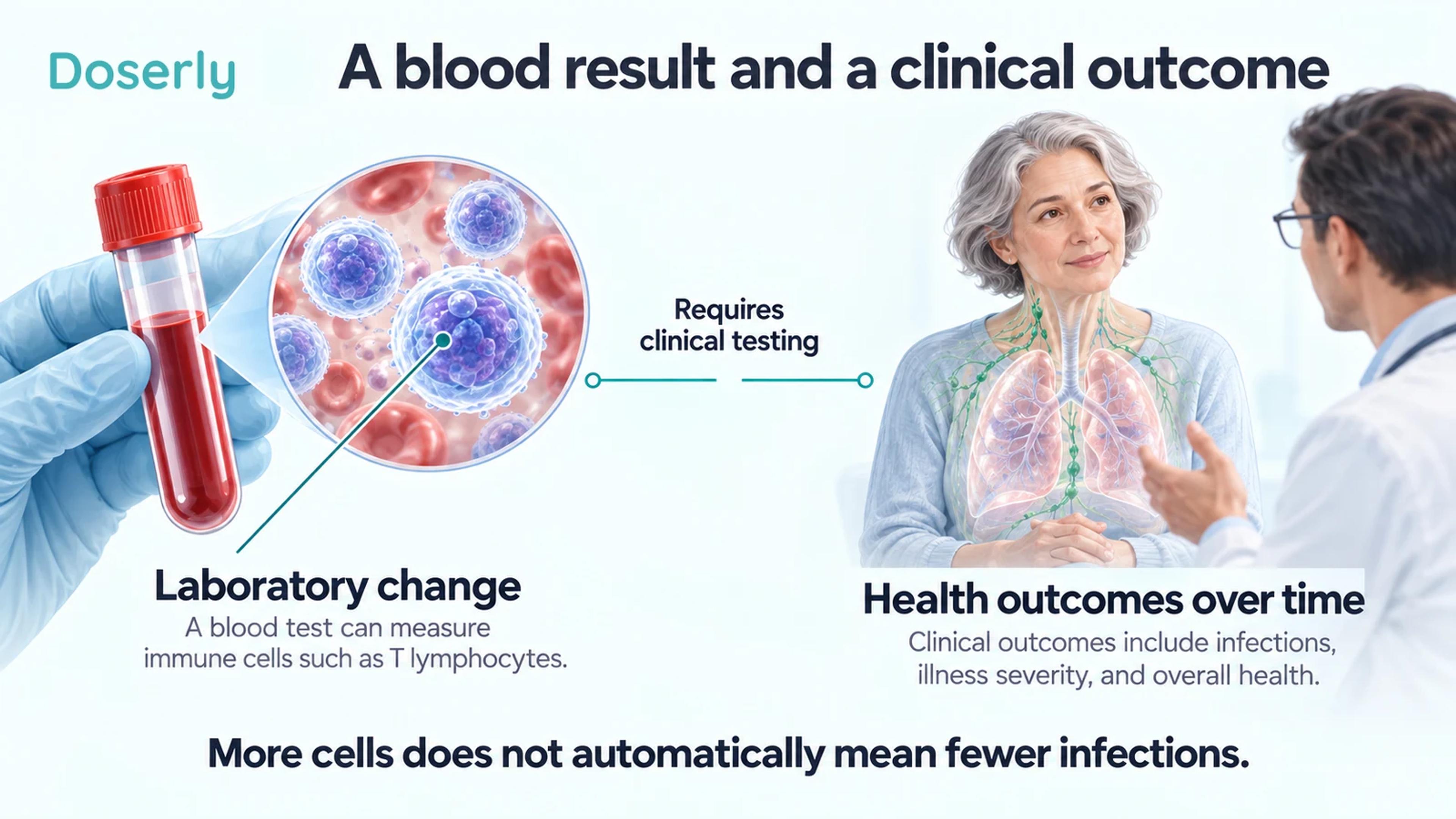 A blood-cell measurement and a clinical consultation are separated by a gap labeled as requiring clinical testing.