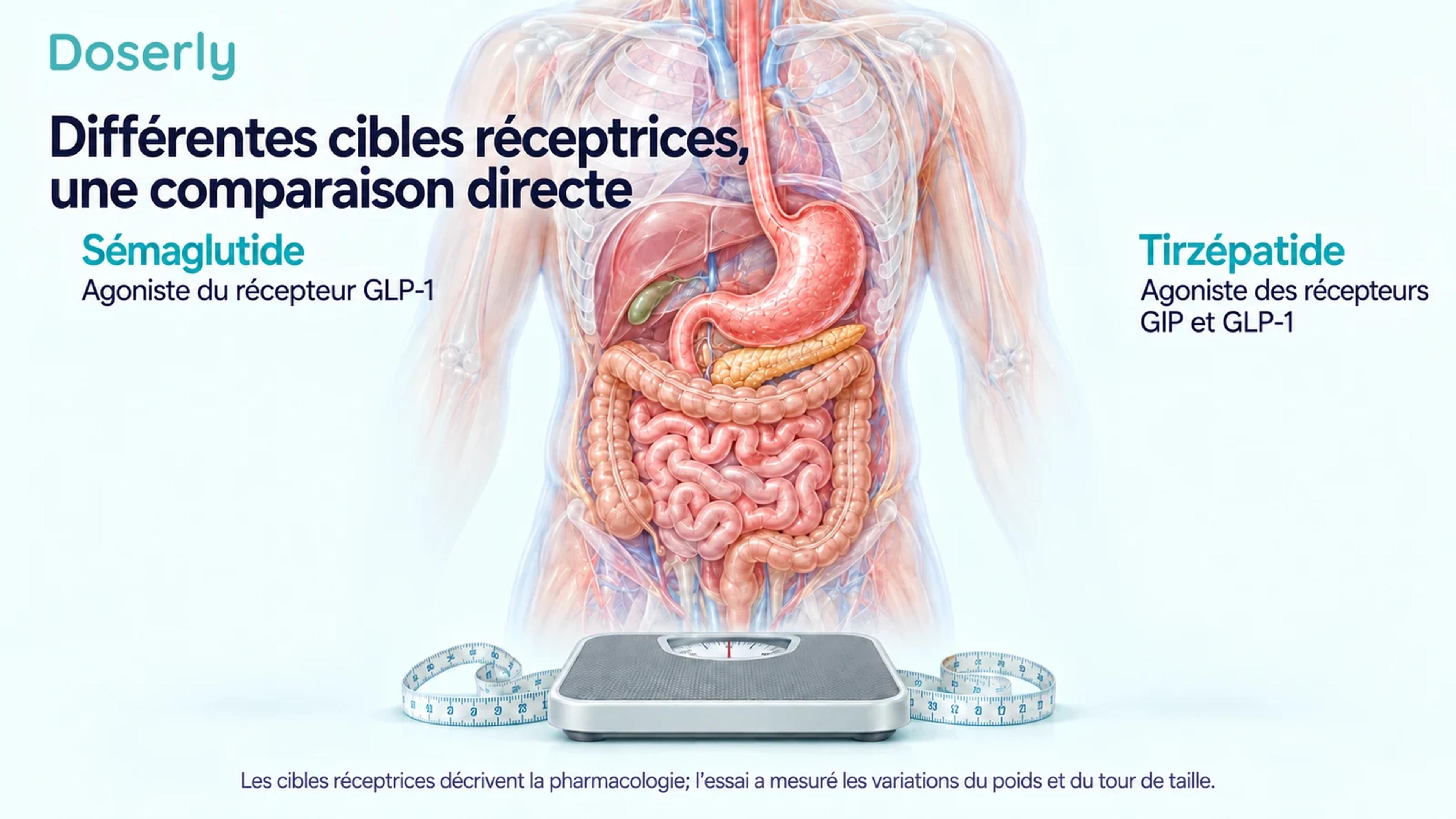 Une représentation neutre de l’anatomie digestive et un pèse-personne accompagnent les différentes cibles réceptrices du sémaglutide et du tirzépatide.