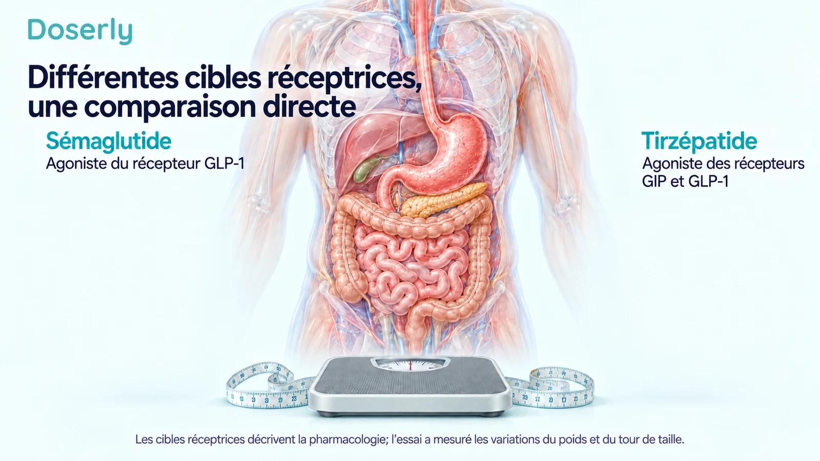 Une représentation neutre de l’anatomie digestive et un pèse-personne accompagnent les différentes cibles réceptrices du sémaglutide et du tirzépatide.