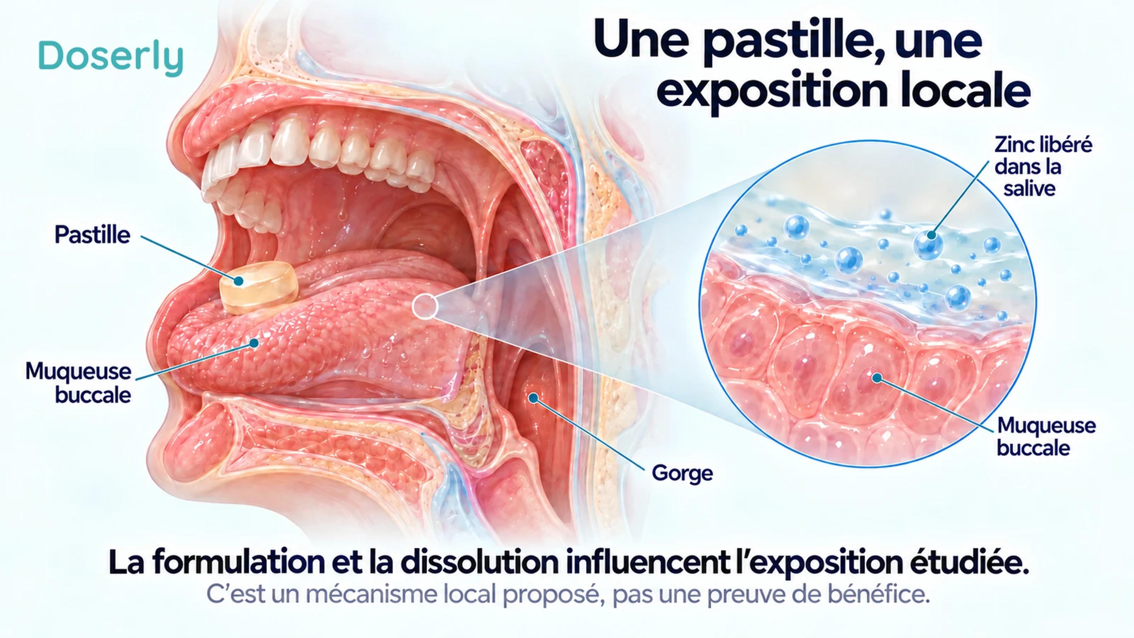 Une coupe de la bouche et de la gorge montre une pastille sur la langue et un agrandissement de la couche de salive qui recouvre les tissus buccaux.