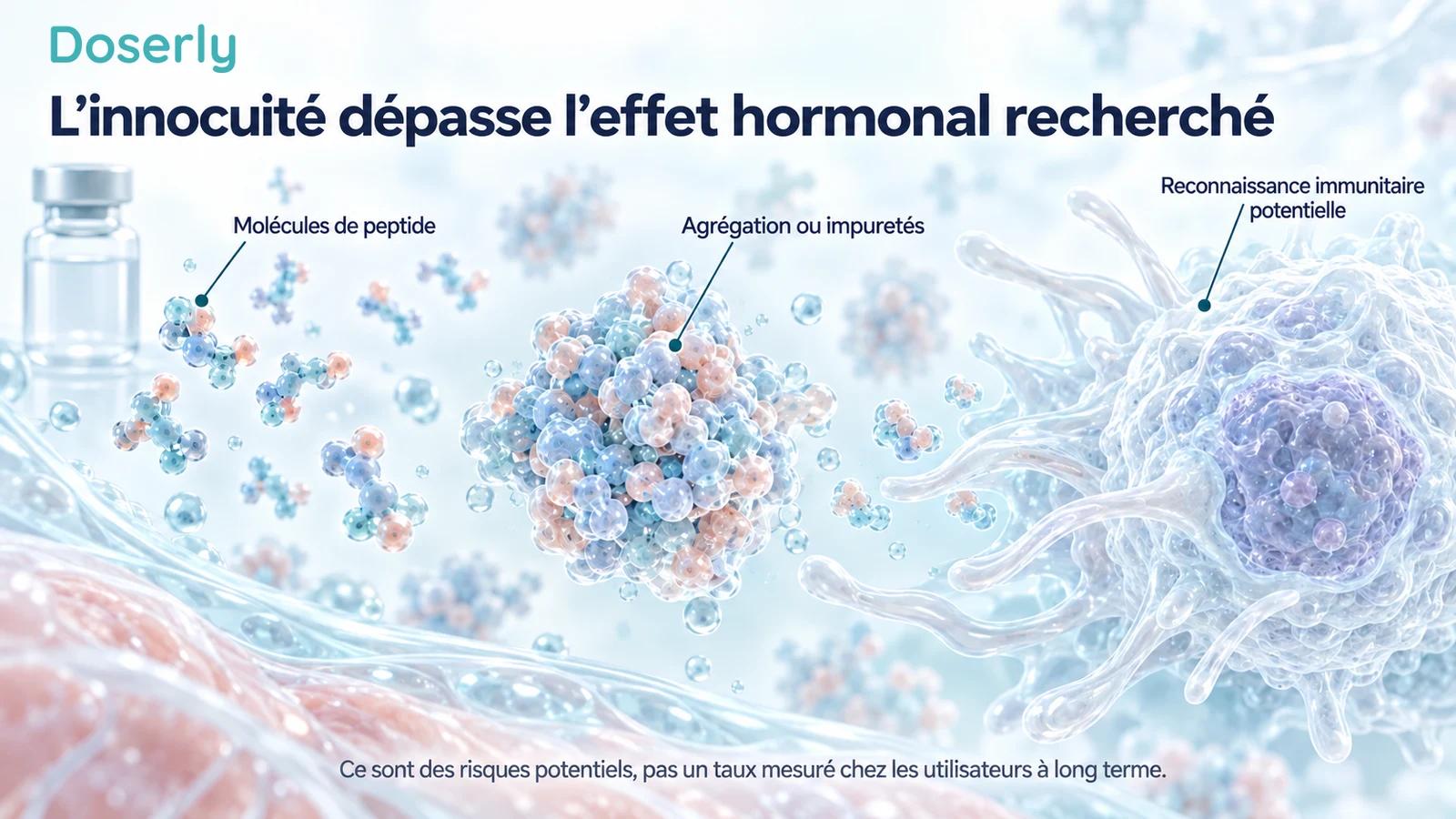 Des particules de peptide schématiques, un agrégat et une cellule immunitaire illustrent les préoccupations immunitaires potentielles liées à la formulation.