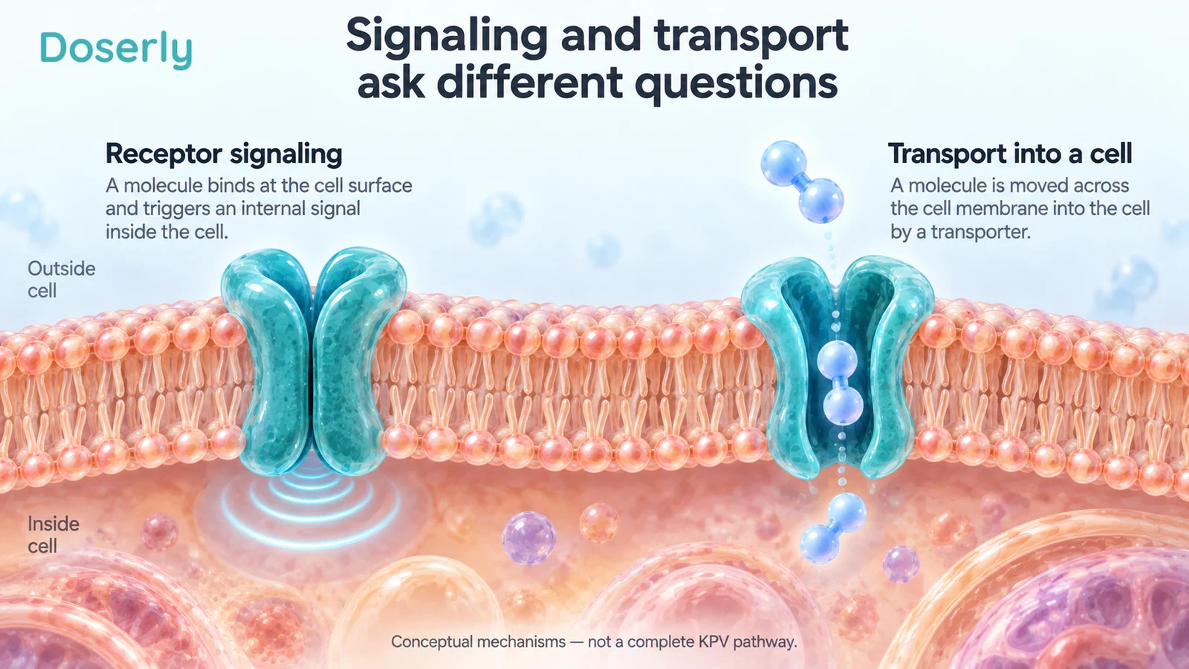 Conceptual membrane proteins contrast receptor signaling with movement of a molecule into a cell.