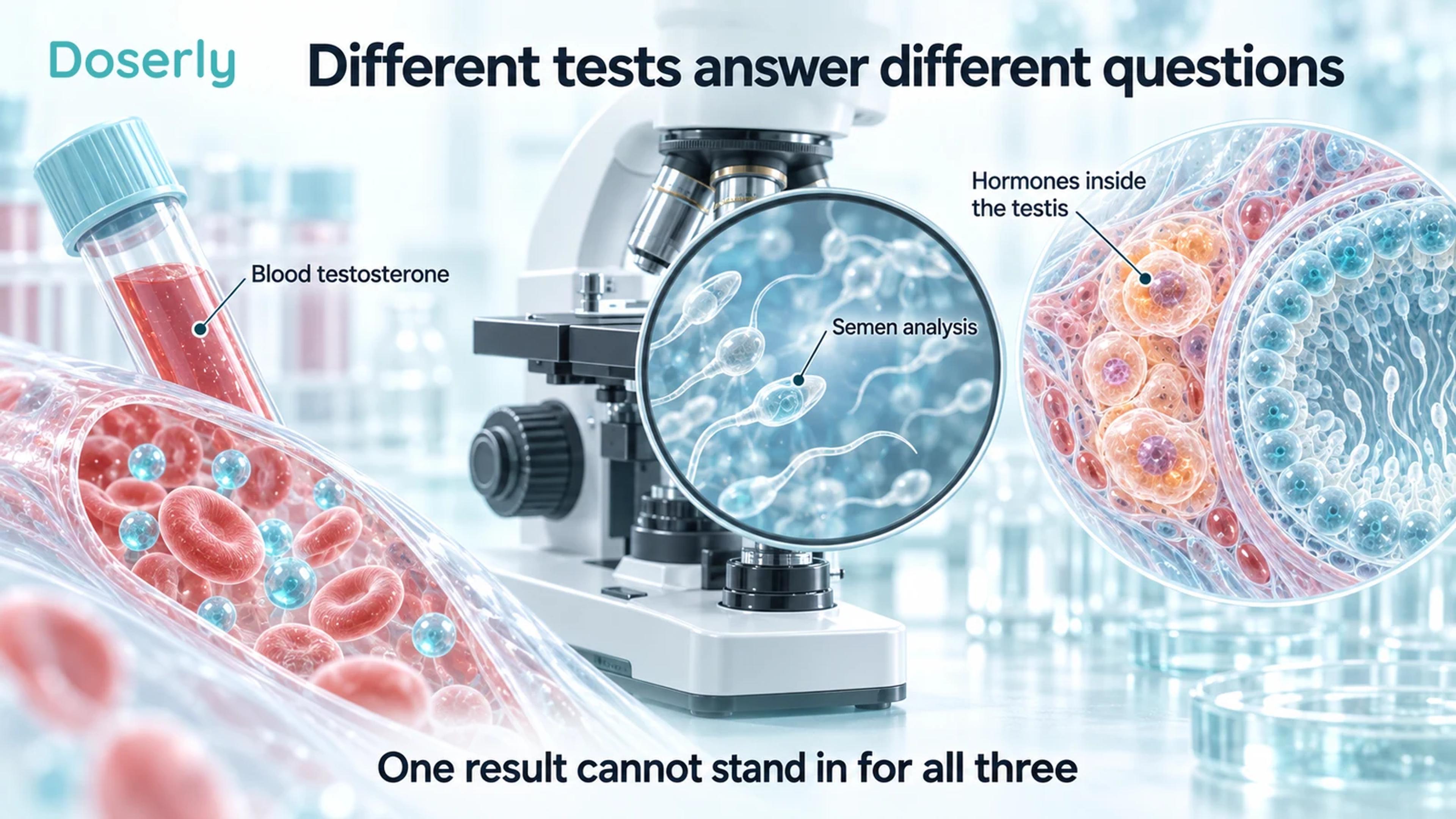 Blood sampling, a microscope view of sperm, and testicular tissue shown as three distinct biological measurements.