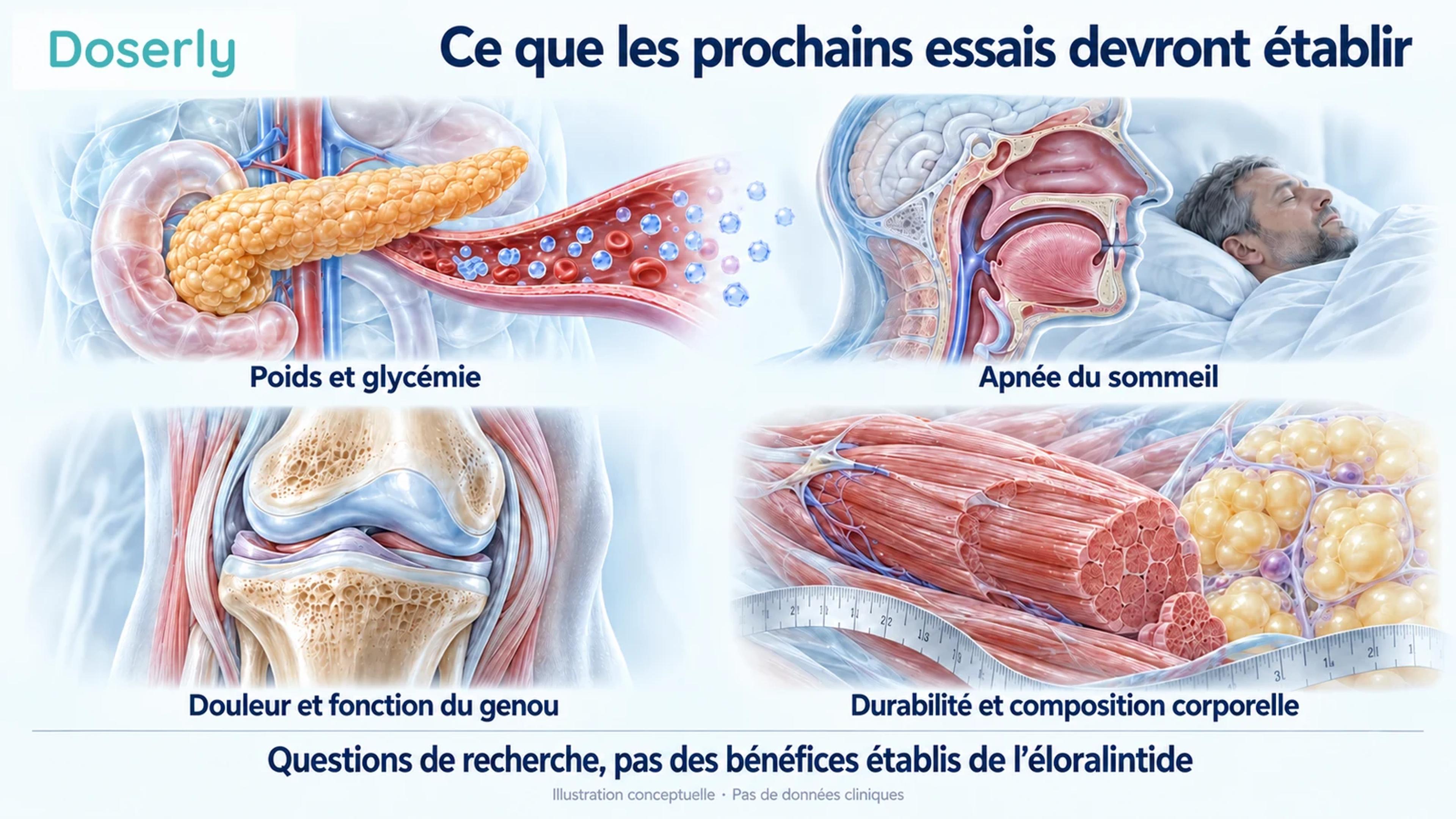 Des illustrations anatomiques du pancréas, des voies respiratoires supérieures, du genou et du muscle avec du tissu adipeux montrent les résultats cliniques et les questions plus larges à documenter dans les futures recherches sur l’éloralintide.