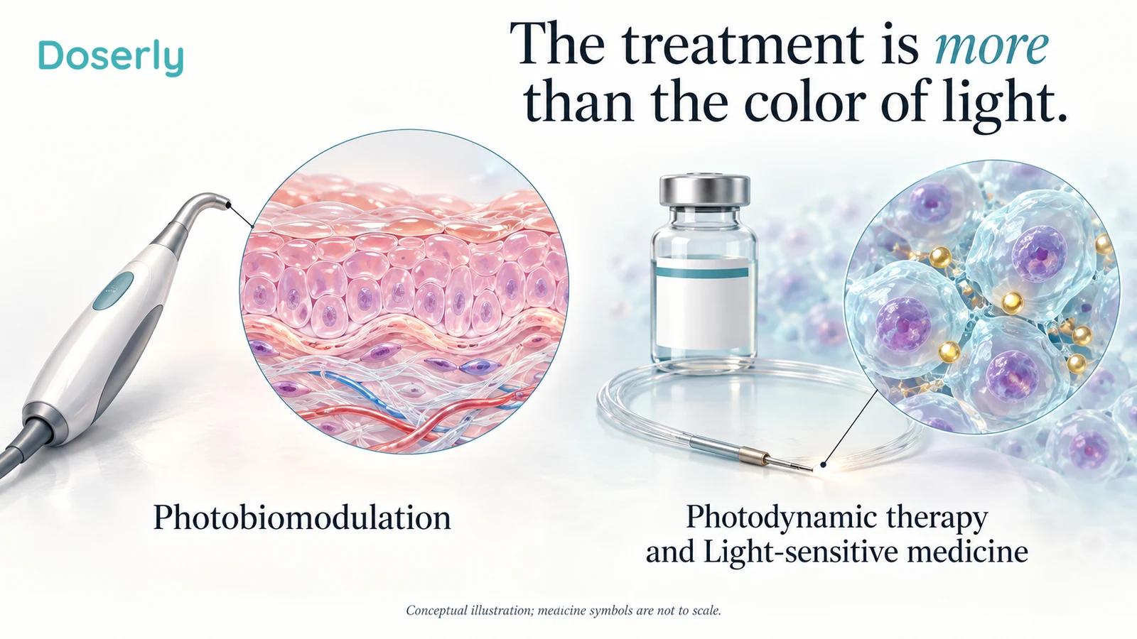 An unlit PBM handpiece and oral-tissue illustration are shown separately from an optical fiber, anonymous medicine vial and symbolic photosensitizer-containing cells.