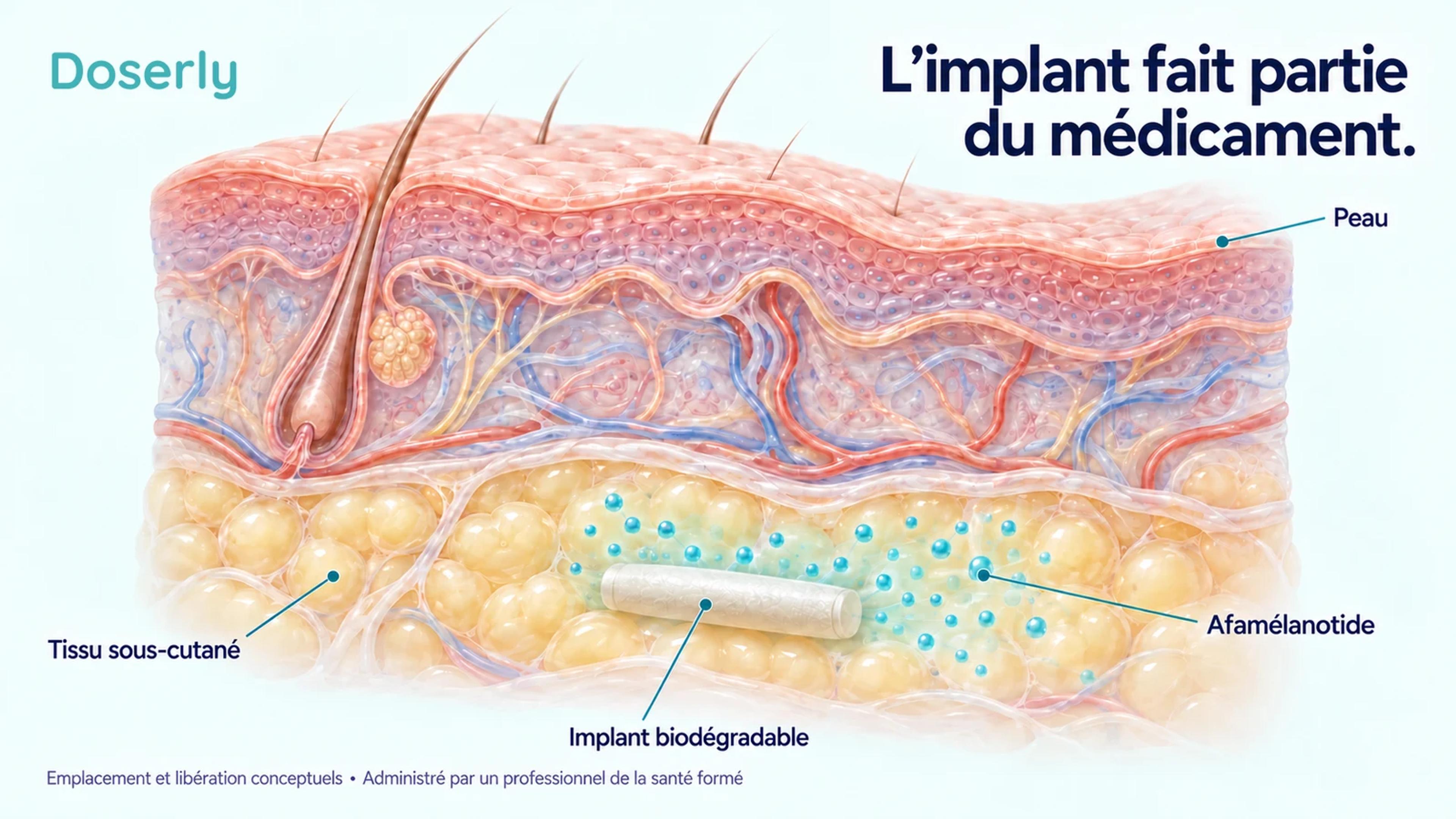 Coupe détaillée de la peau montrant un implant biodégradable dans le tissu sous-cutané.