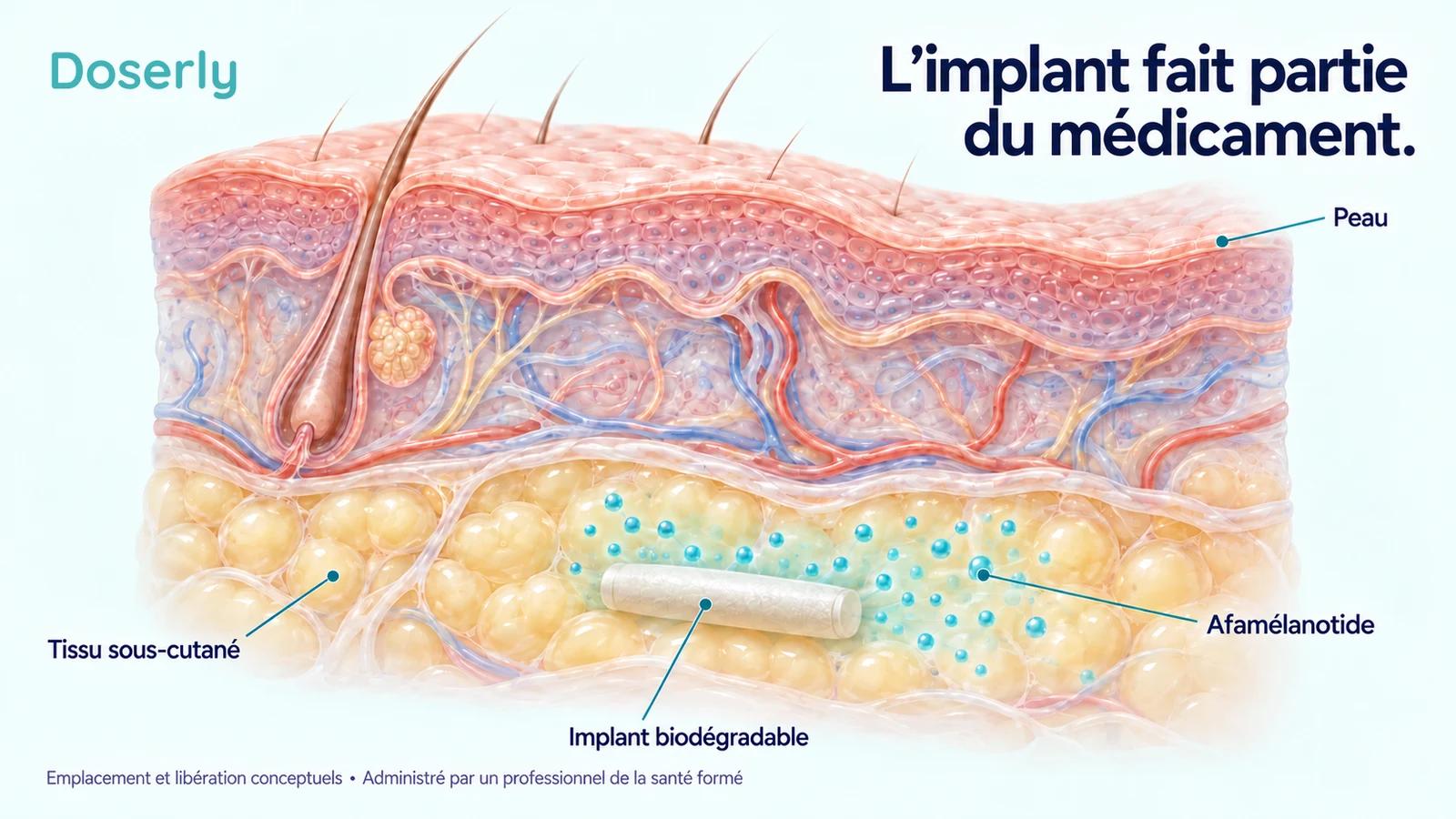 Coupe détaillée de la peau montrant un implant biodégradable dans le tissu sous-cutané.
