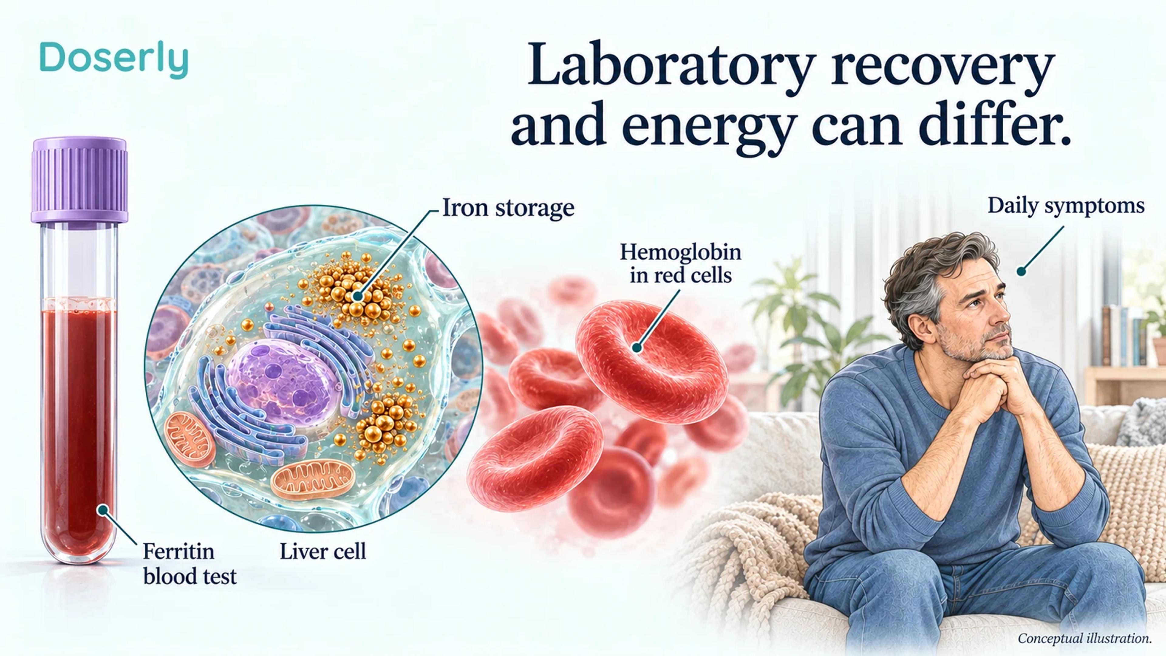 A blood specimen and magnified iron-storage concept sit apart from a resting adult, illustrating separate laboratory and symptom outcomes.