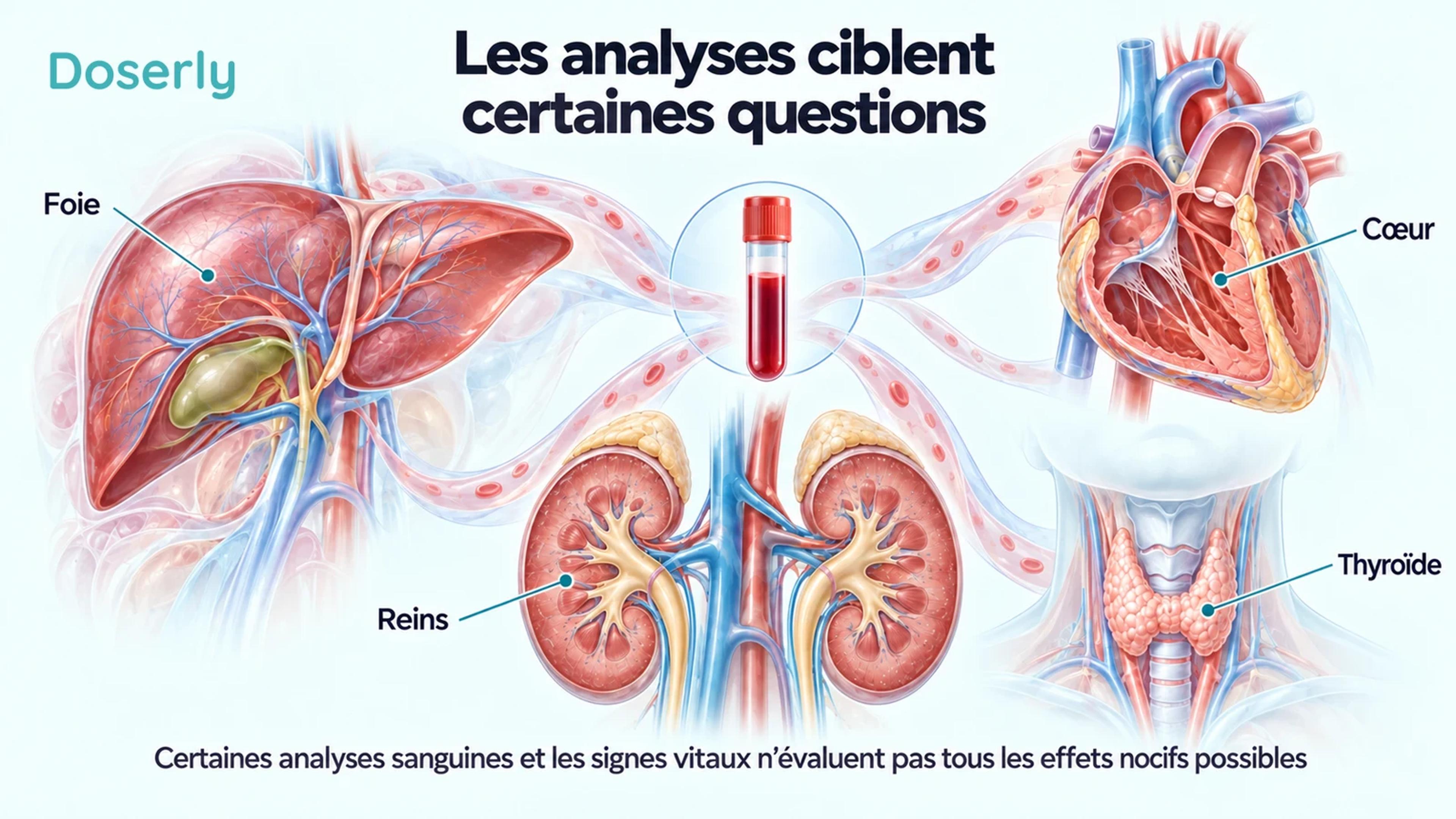 Des illustrations de type atlas médical du foie, des reins, du cœur et de la thyroïde entourent un échantillon sanguin et montrent la portée limitée de certaines analyses de laboratoire.