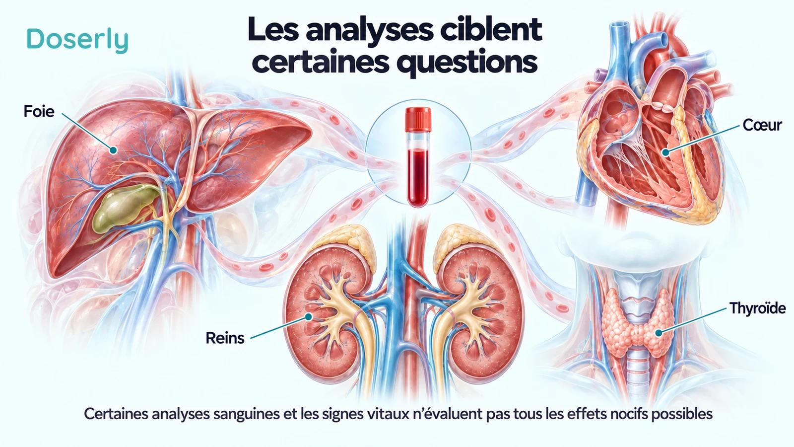 Des illustrations de type atlas médical du foie, des reins, du cœur et de la thyroïde entourent un échantillon sanguin et montrent la portée limitée de certaines analyses de laboratoire.