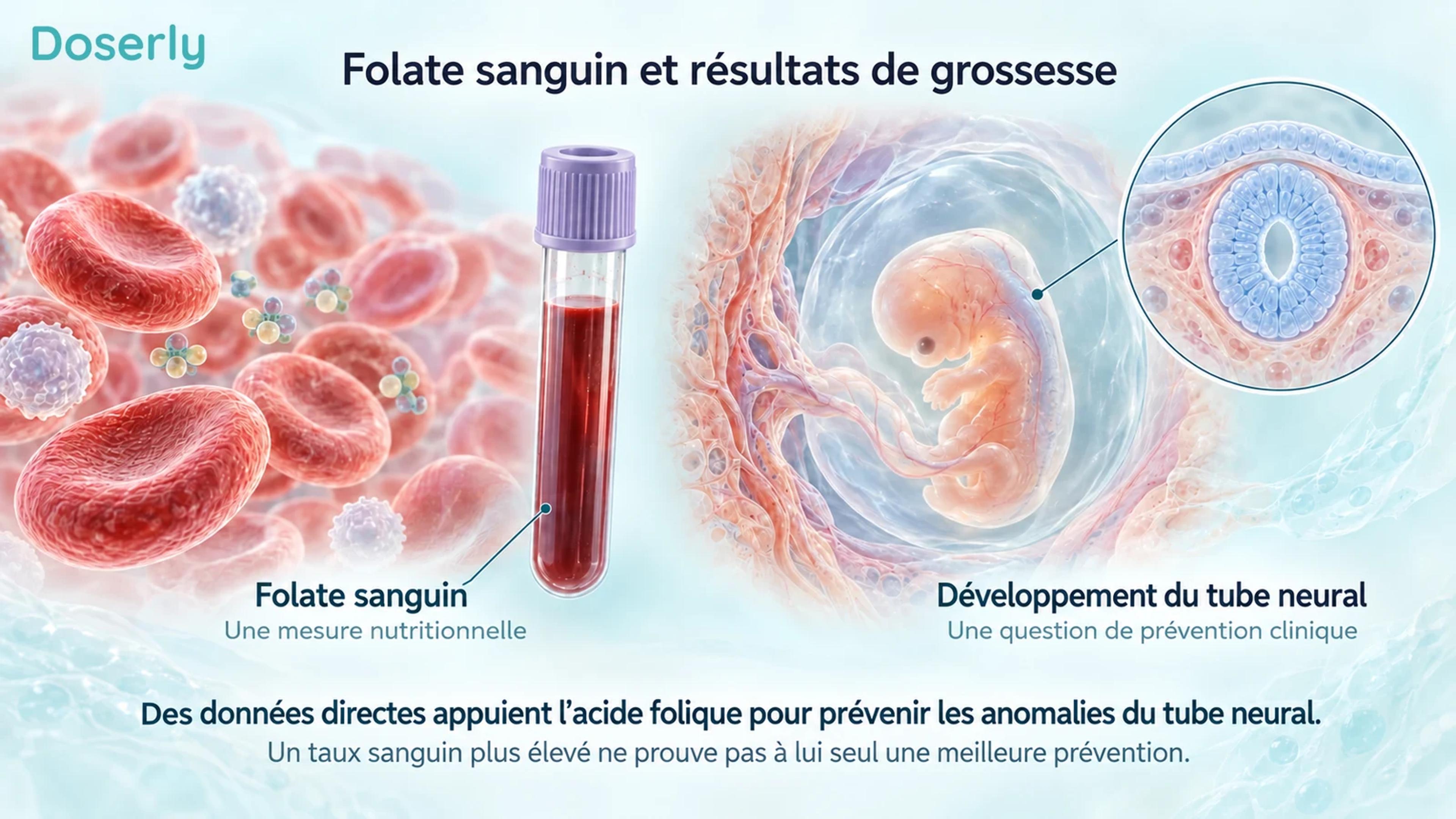 Des cellules sanguines et un tube de prélèvement sont mis en contraste avec une représentation conceptuelle de l’anatomie embryonnaire et une coupe d’un tube neural fermé.