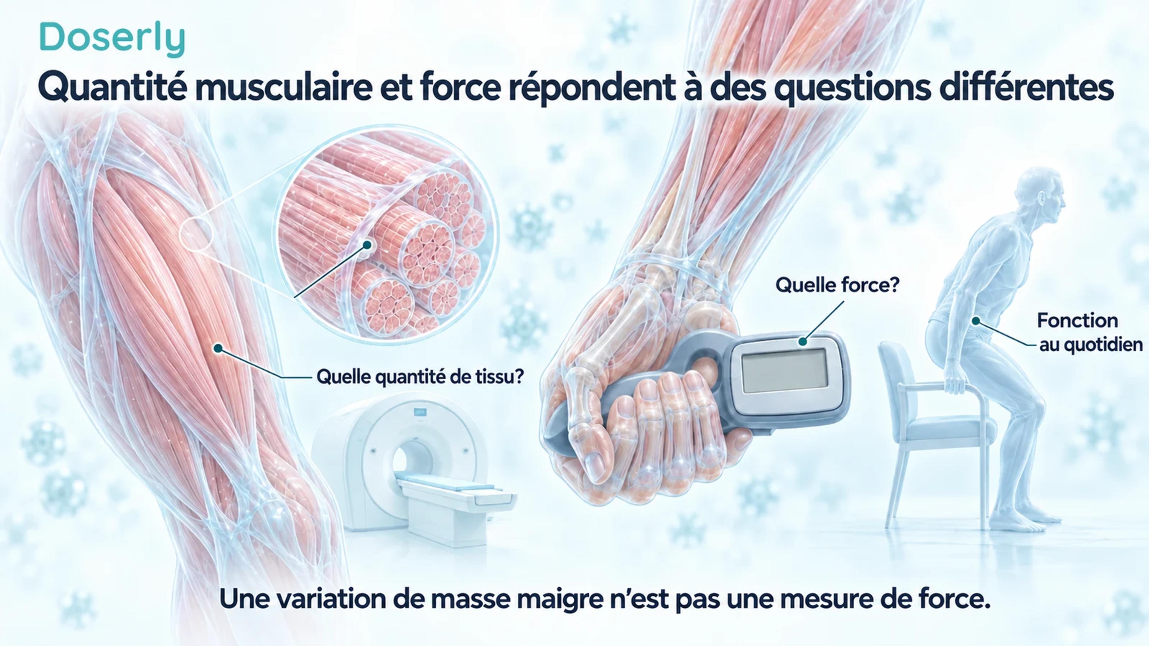 Un muscle de la cuisse détaillé et, séparément, une main translucide tenant un dynamomètre à écran vide, avec une silhouette schématique se levant d’une chaise.