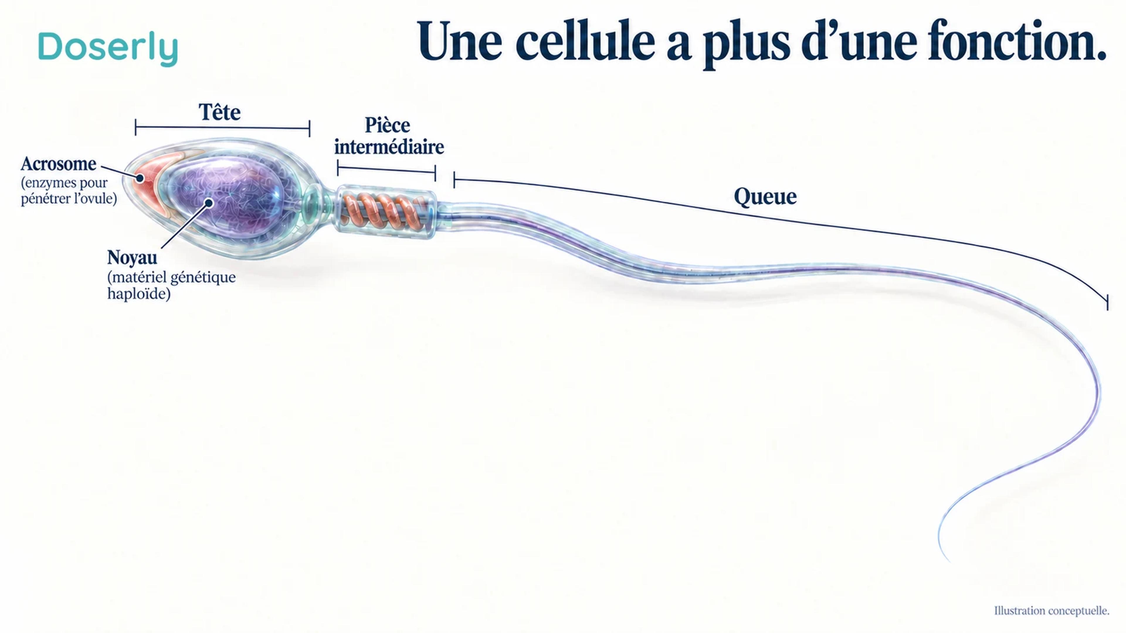 Un spermatozoïde humain conceptuel montre sa tête, sa pièce intermédiaire mitochondriale et sa longue queue.