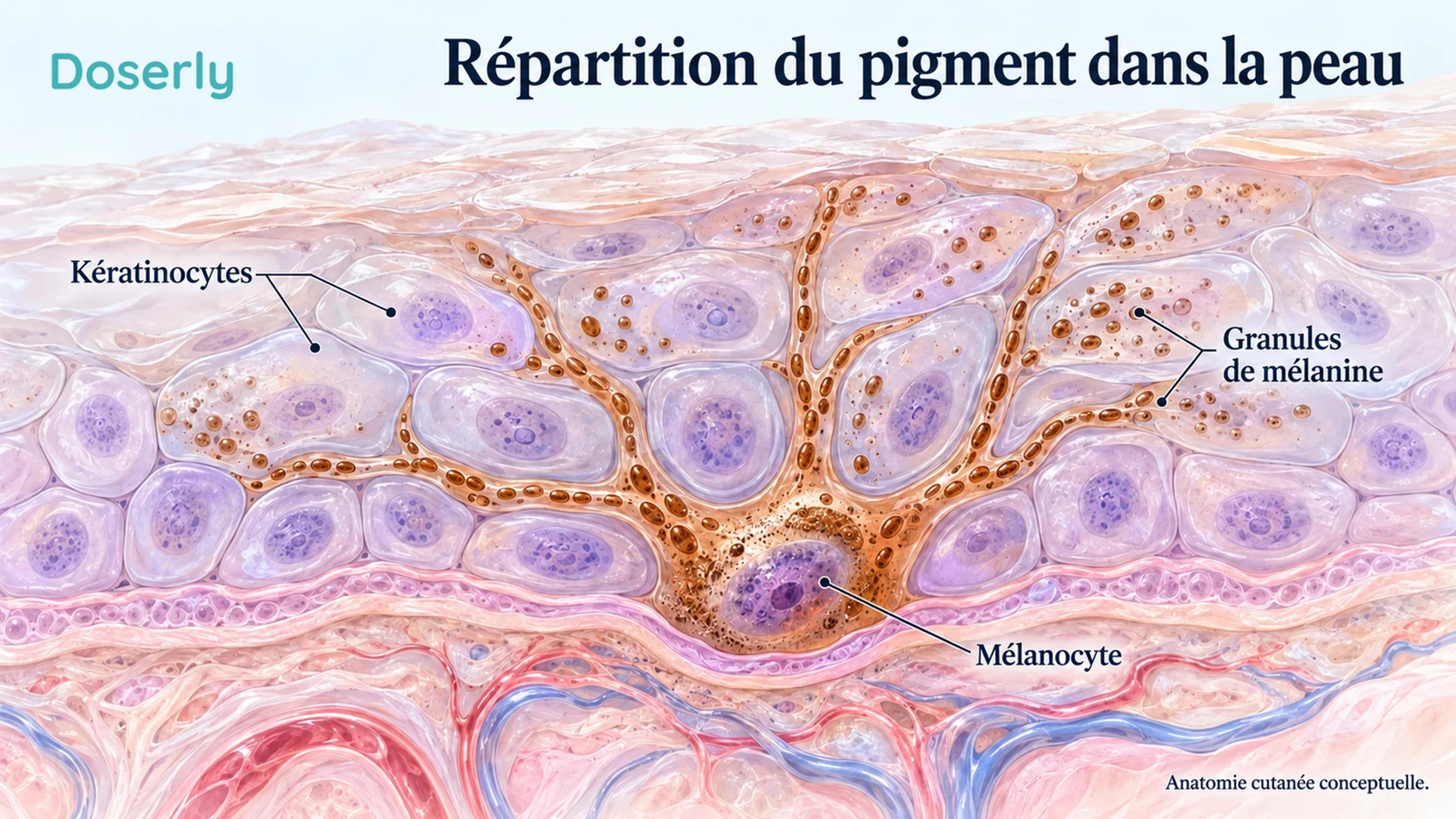 Anatomie détaillée de l’épiderme montrant un mélanocyte basal, ses prolongements ramifiés et des granules de pigment dans les kératinocytes environnants.