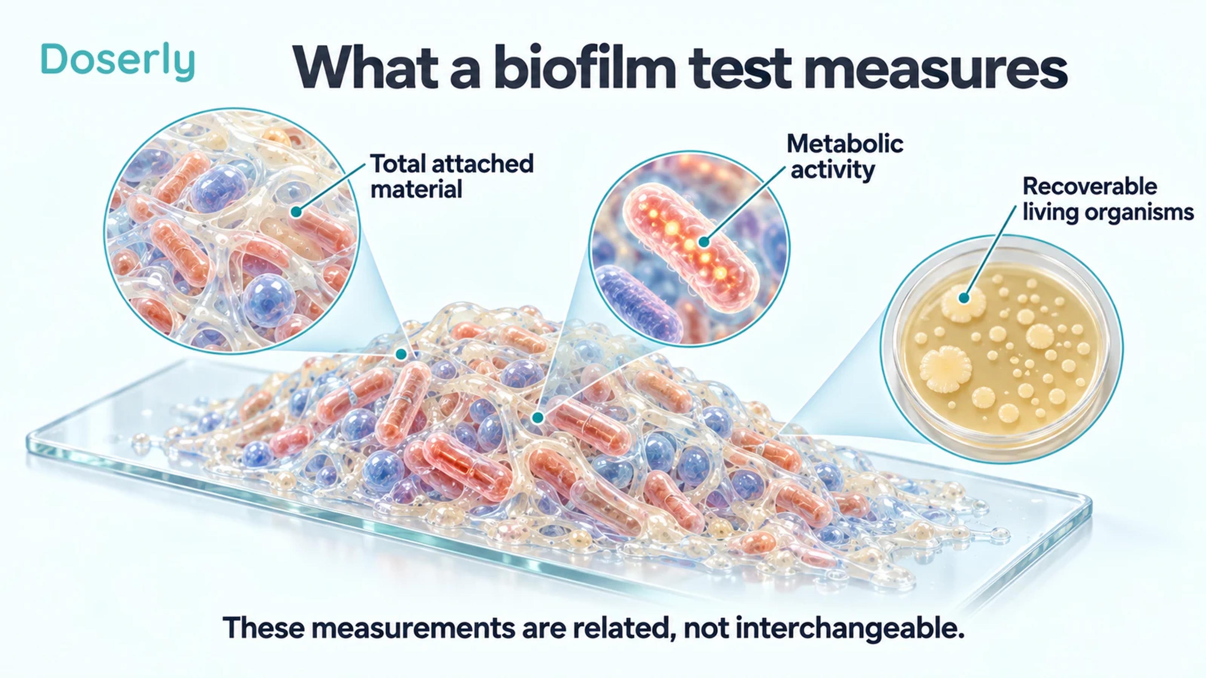 A laboratory biofilm is magnified to distinguish attached material, metabolic activity and recoverable living organisms.