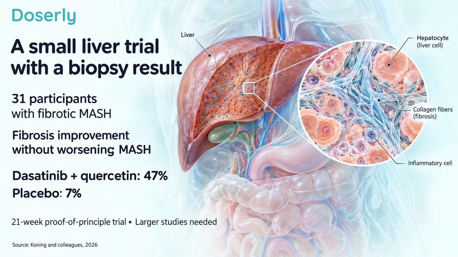 Liver anatomy and a conceptual tissue enlargement beside the trial's fibrosis-response proportions.