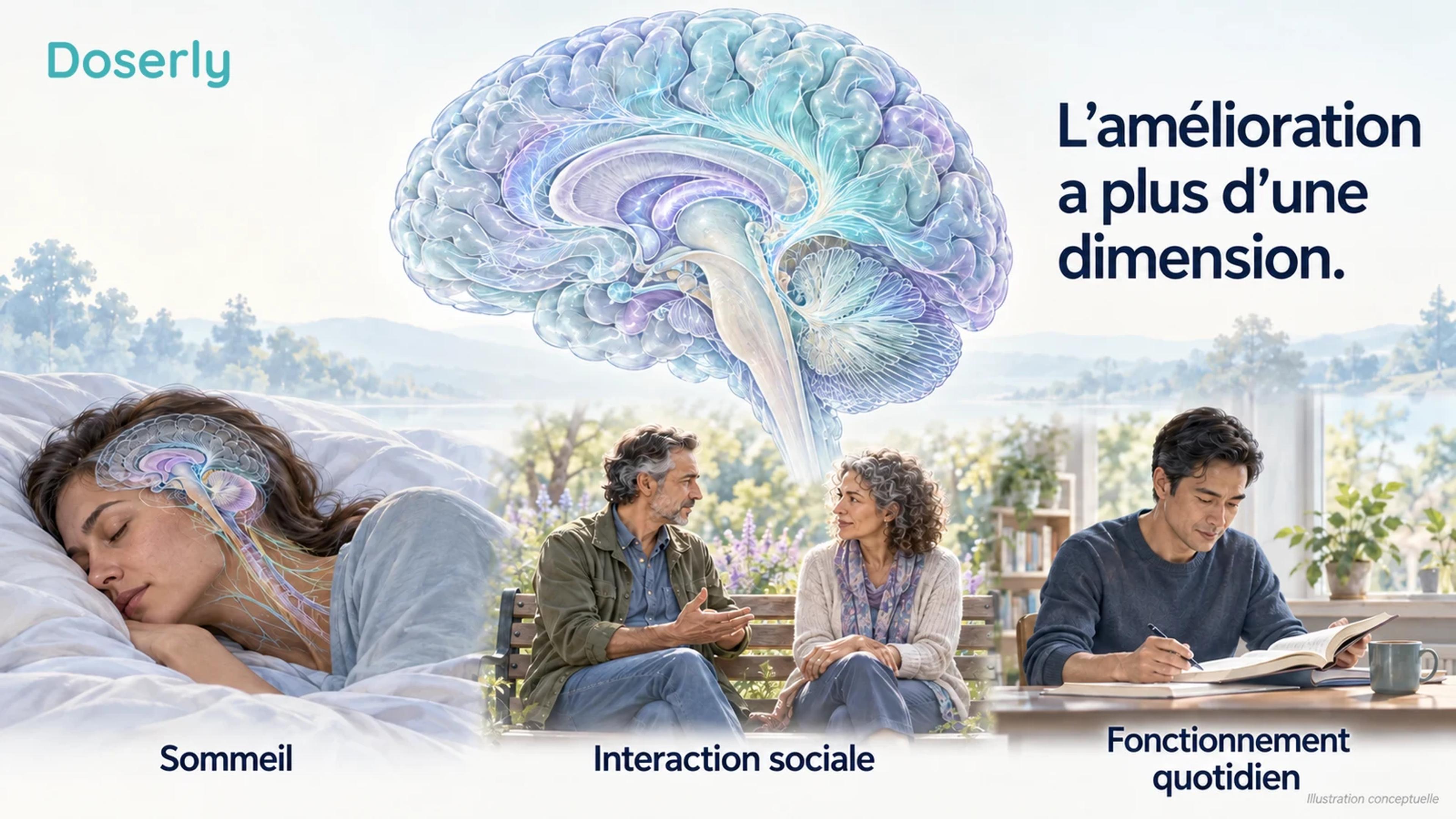 Une représentation conceptuelle de l’anatomie cérébrale accompagne des scènes distinctes de sommeil, d’interaction sociale et d’accomplissement de tâches quotidiennes.