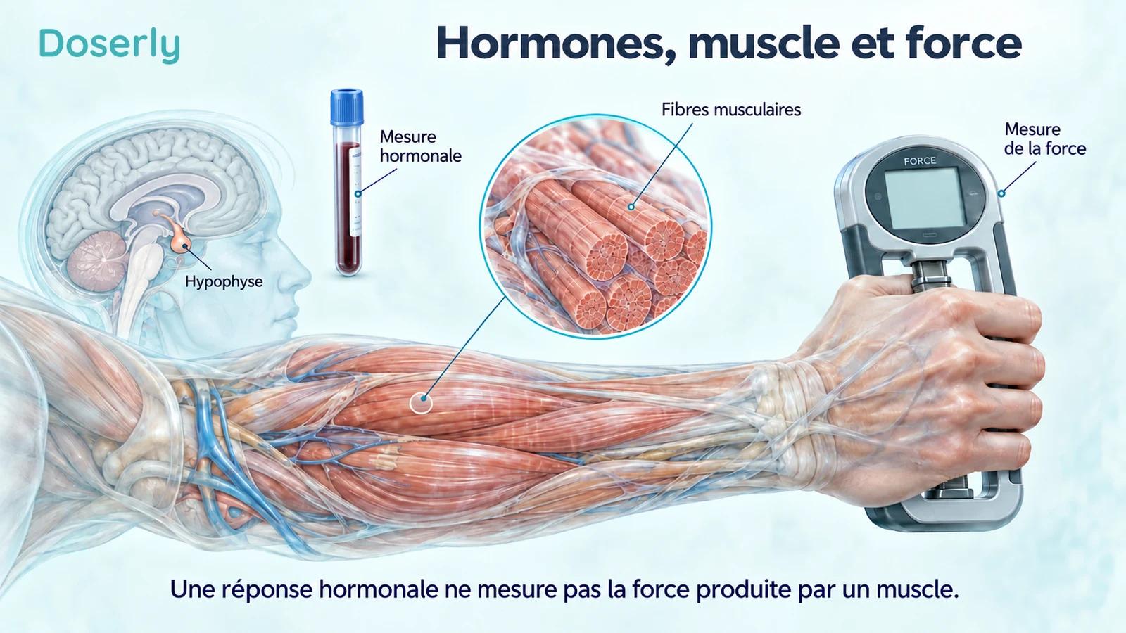 Une hypophyse et un prélèvement sanguin à côté d’un avant-bras détaillé serrant un dynamomètre, pour distinguer la mesure hormonale du test de force.
