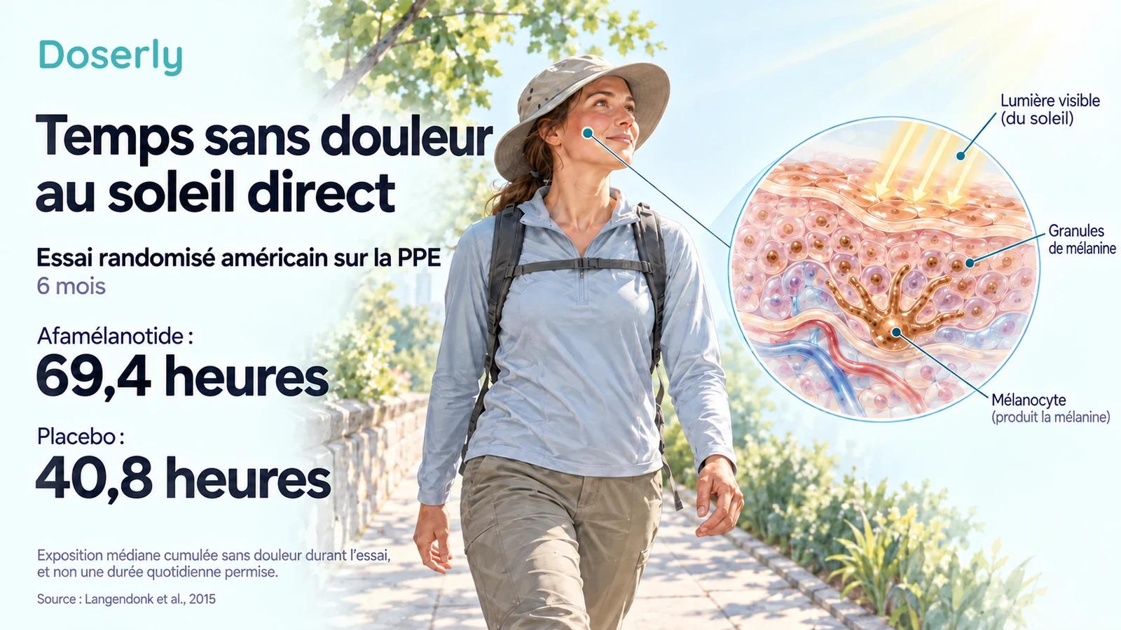 Illustration des résultats de l’essai américain sur la PPE montrant des durées médianes cumulées d’exposition au soleil sans douleur de 69,4 contre 40,8 heures sur six mois.