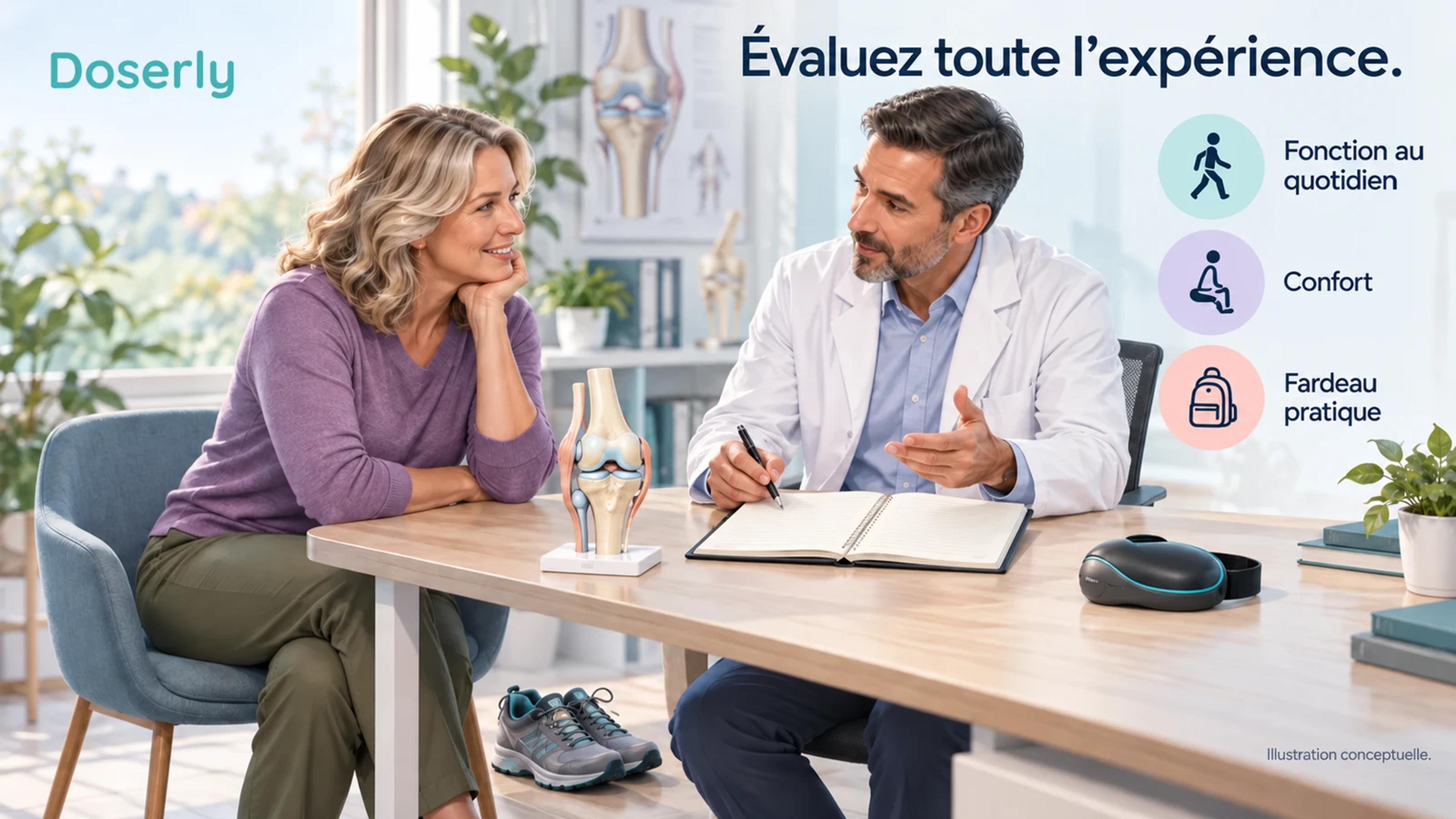 Un adulte et un clinicien examinent un court journal à côté d’un modèle de genou, de chaussures de marche et d’un appareil lumineux éteint.