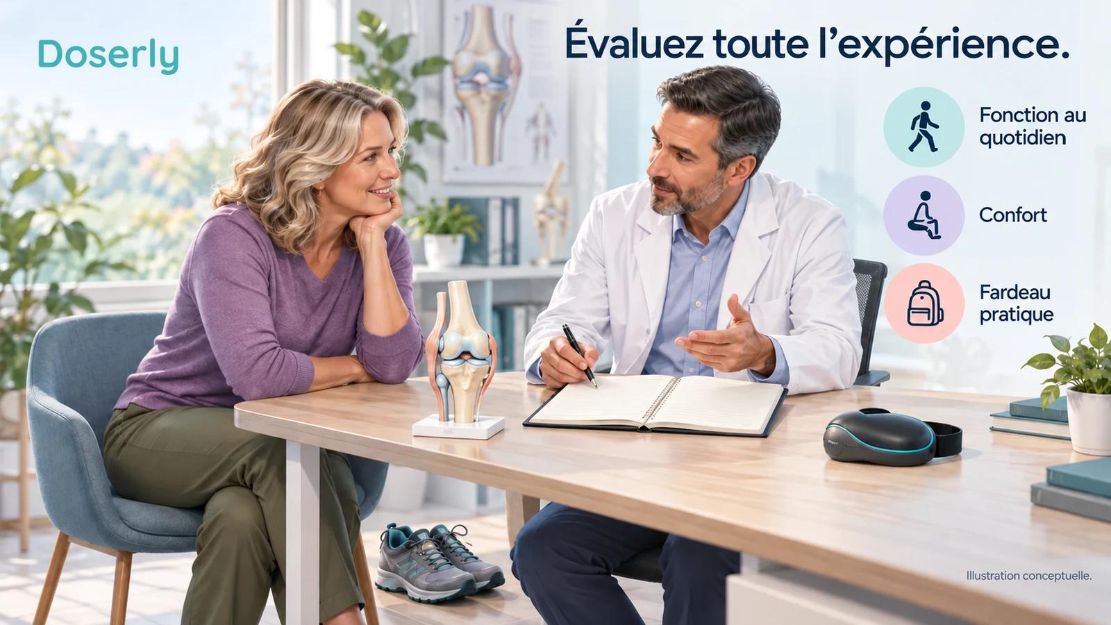 Un adulte et un clinicien examinent un court journal à côté d’un modèle de genou, de chaussures de marche et d’un appareil lumineux éteint.
