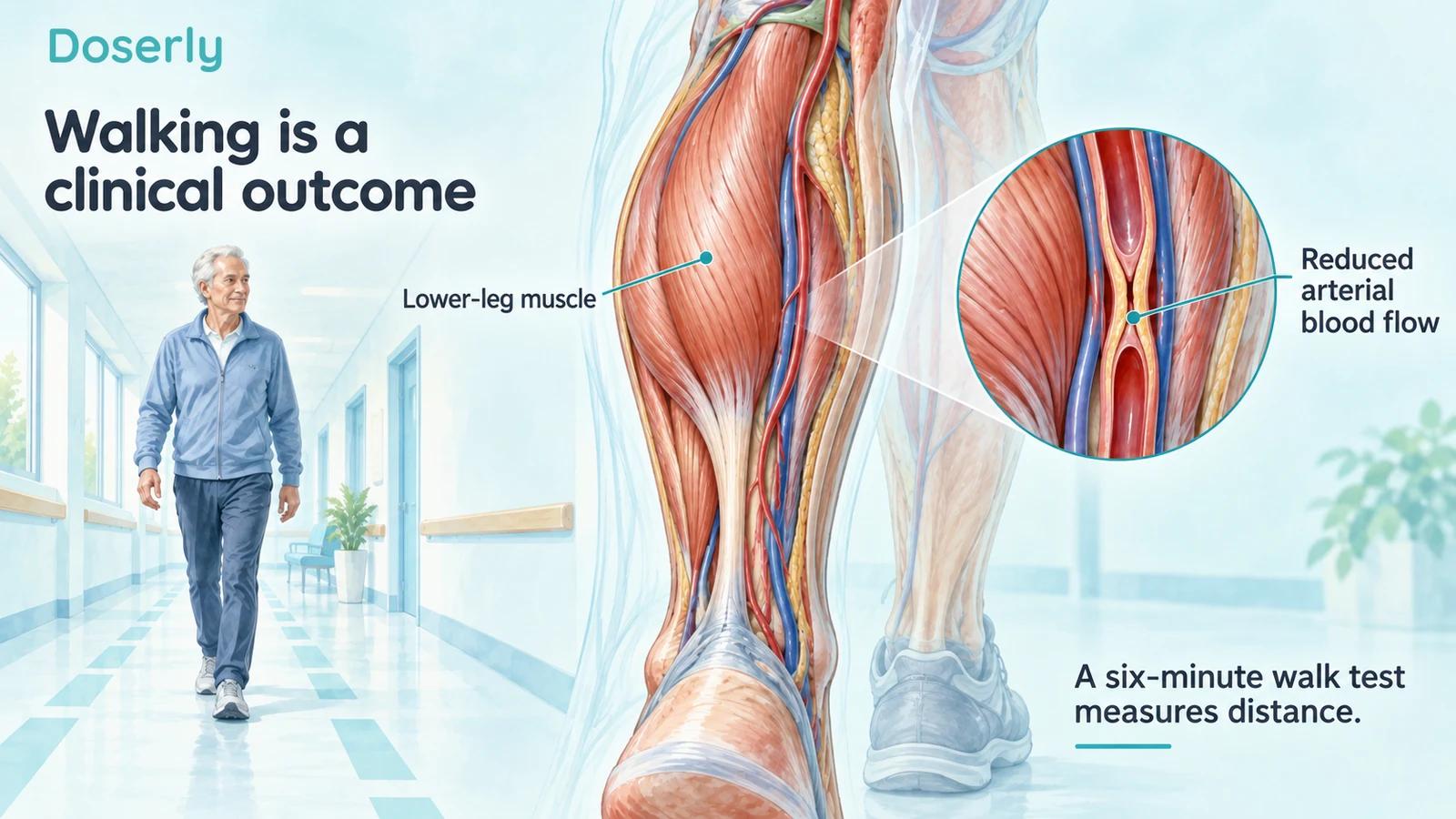 Illustrated older adult walking beside a lower-leg muscle and narrowed artery cutaway.