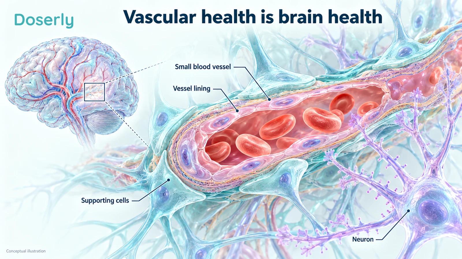 A conceptual cerebral small vessel with its lining, supporting cells and an adjacent neuron.