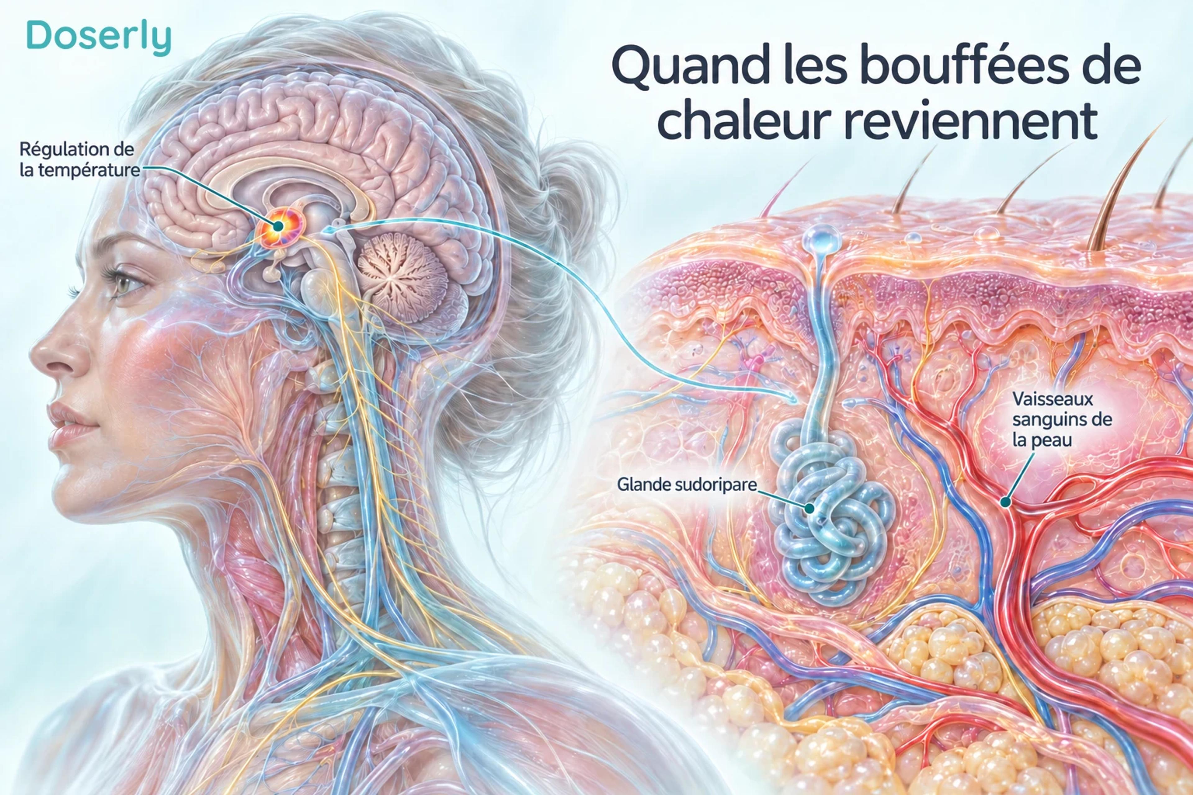 Illustration de la région du cerveau qui régule la température, reliée schématiquement aux vaisseaux sanguins de la peau et à une glande sudoripare.