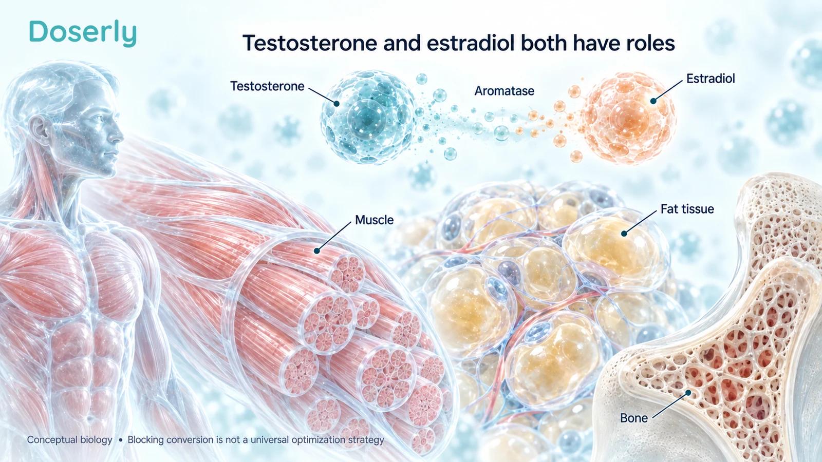 Conceptual conversion of testosterone to estradiol above detailed muscle fibers, fat tissue and bone.