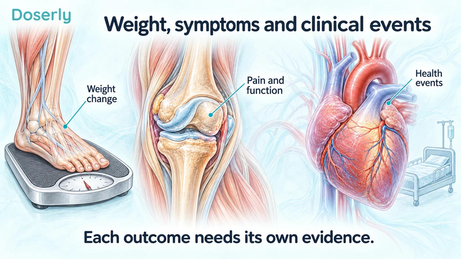 Anatomical foot on a scale, knee joint and heart illustrating different clinical outcomes