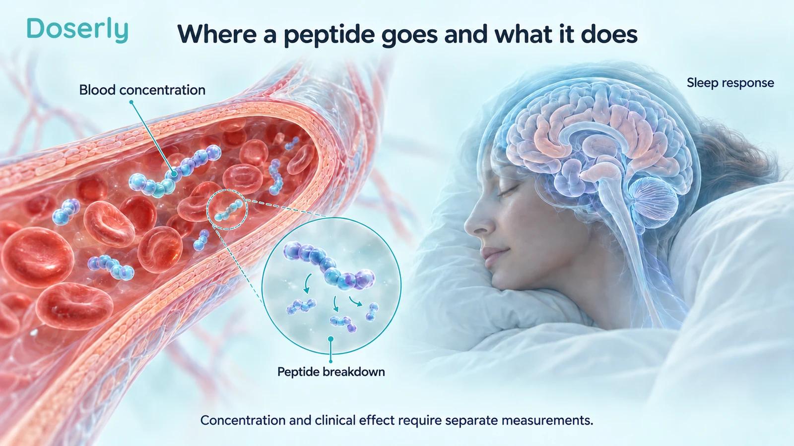 A blood-vessel illustration with conceptual peptide fragments beside a separate sleeping person and brain.