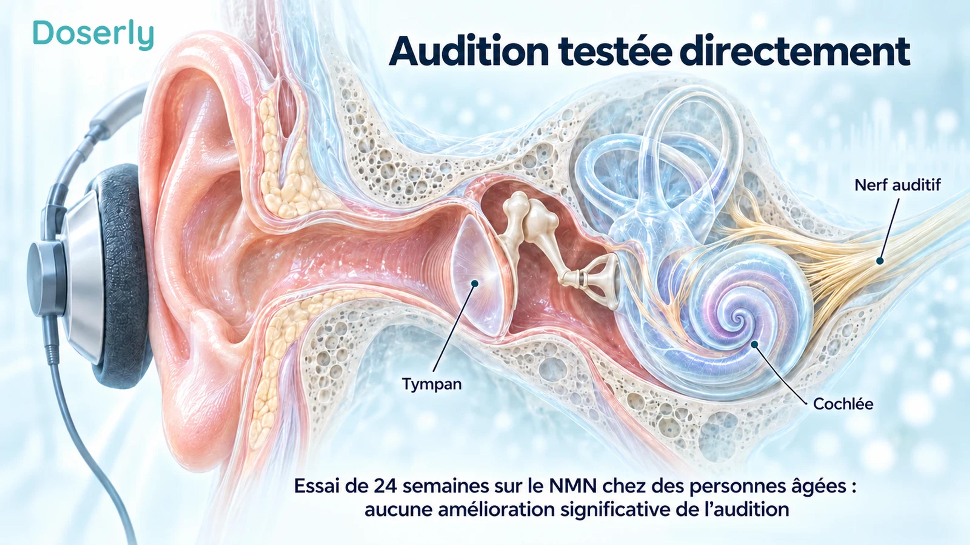 Une coupe anatomique de l’oreille identifie le tympan, la cochlée et le nerf auditif, à côté du constat d’absence d’amélioration significative de l’audition dans un essai de 24 semaines sur le NMN.