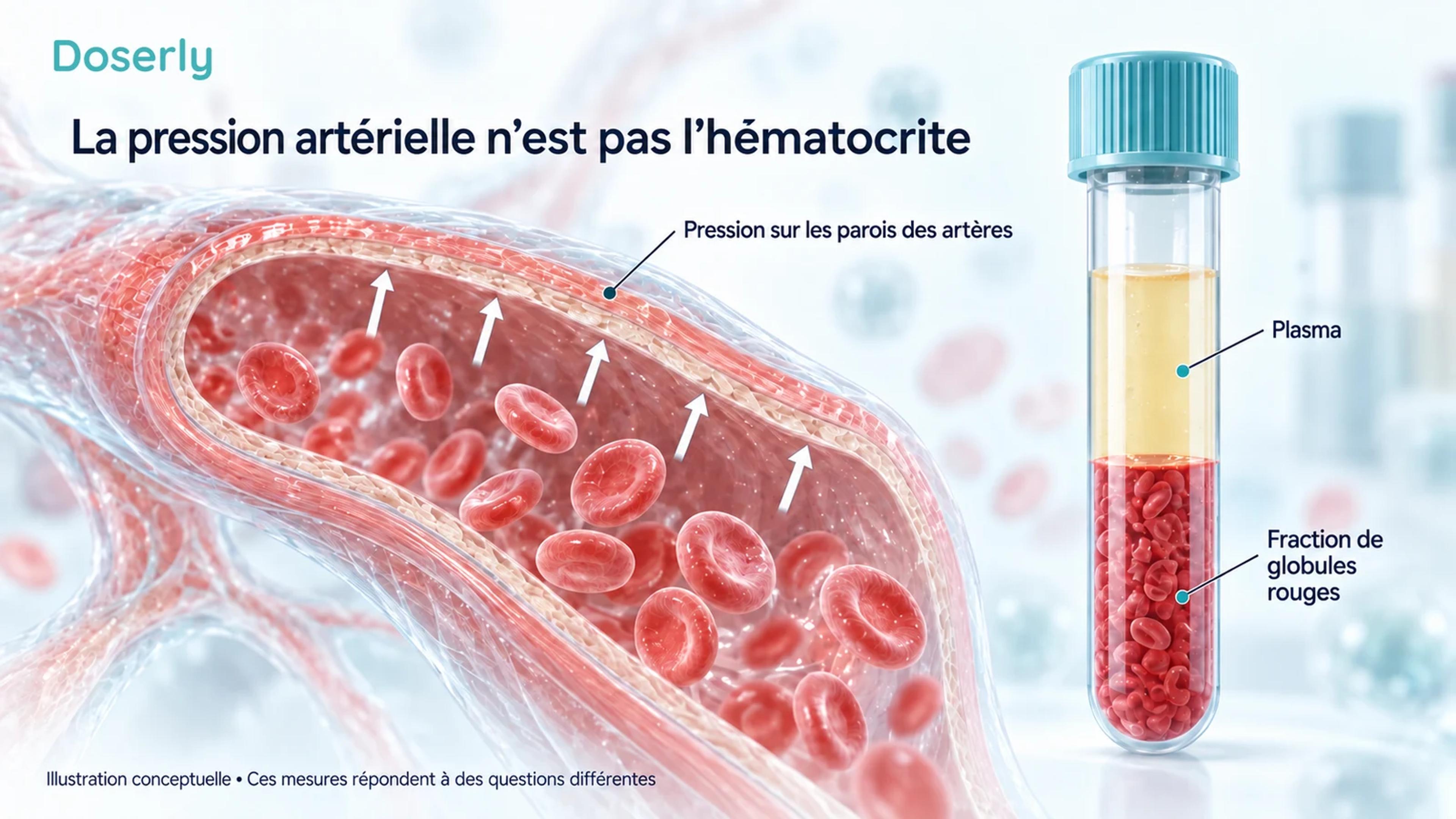 Une artère en coupe avec des flèches de pression vers l’extérieur, à côté d’un échantillon sanguin séparé en couches, distingue la pression sur les parois des vaisseaux de la fraction occupée par les globules rouges.