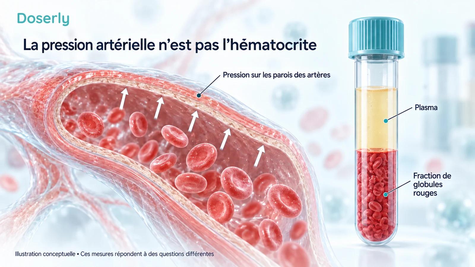 Une artère en coupe avec des flèches de pression vers l’extérieur, à côté d’un échantillon sanguin séparé en couches, distingue la pression sur les parois des vaisseaux de la fraction occupée par les globules rouges.