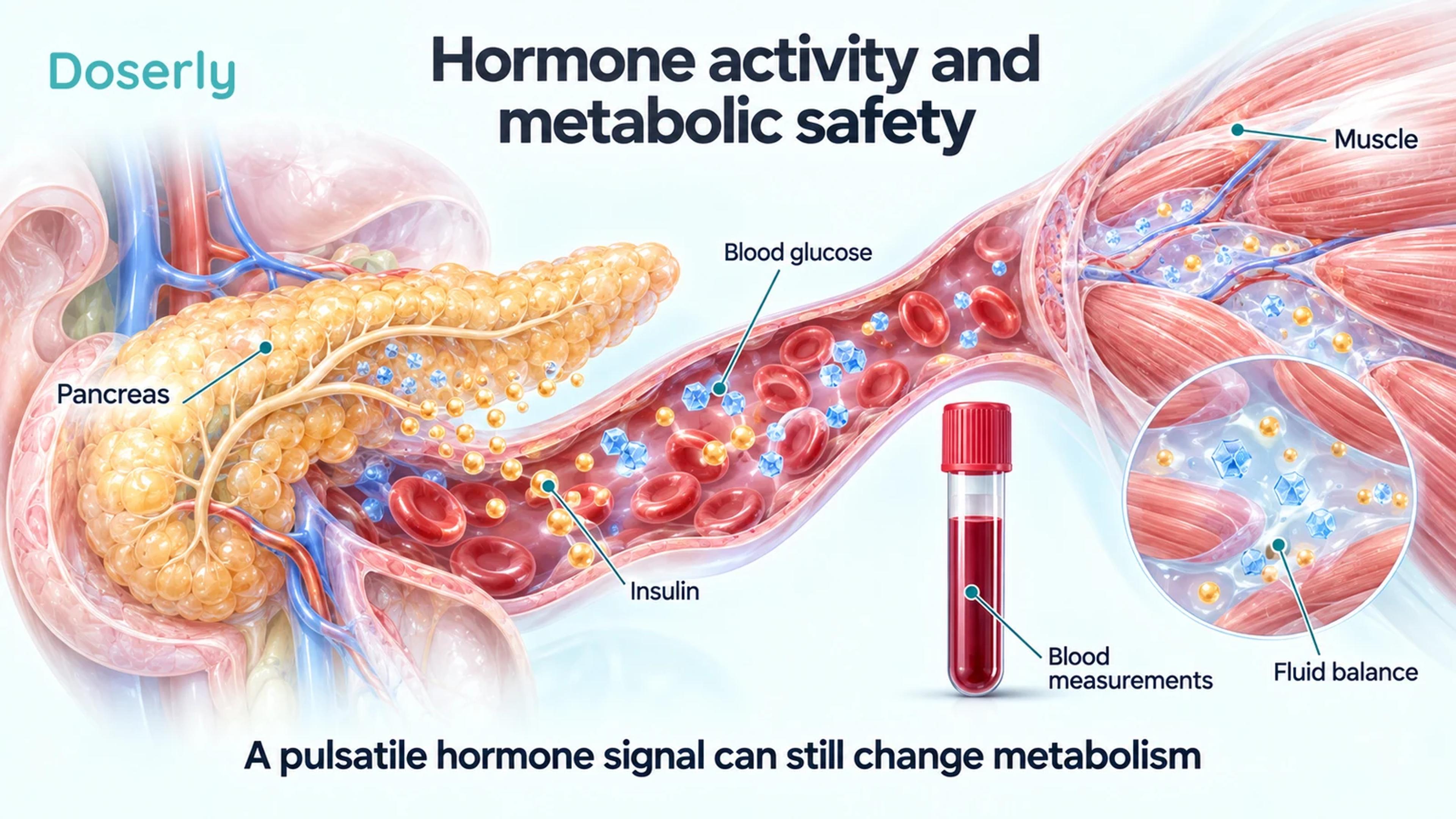 Detailed pancreas, blood-vessel and muscle illustration with a separate blood sample tube and labels for glucose, insulin and fluid balance.
