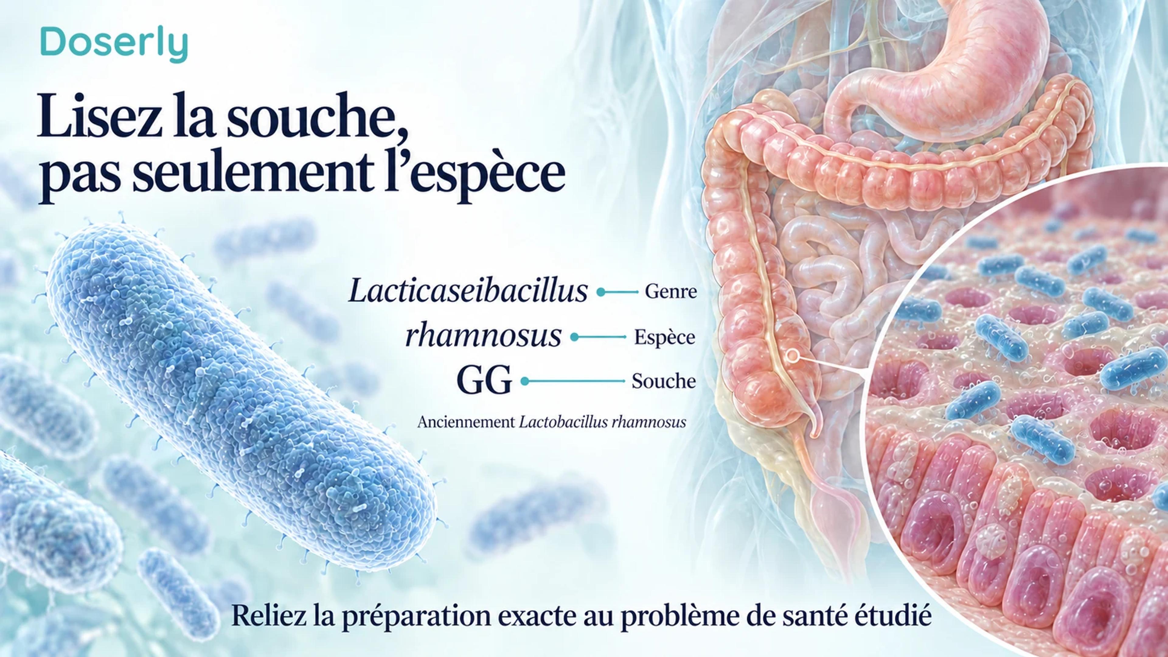 Une bactérie en forme de bâtonnet à côté du genre, de l’espèce et de la souche dans le nom Lacticaseibacillus rhamnosus GG, avec une illustration de l’intestin.