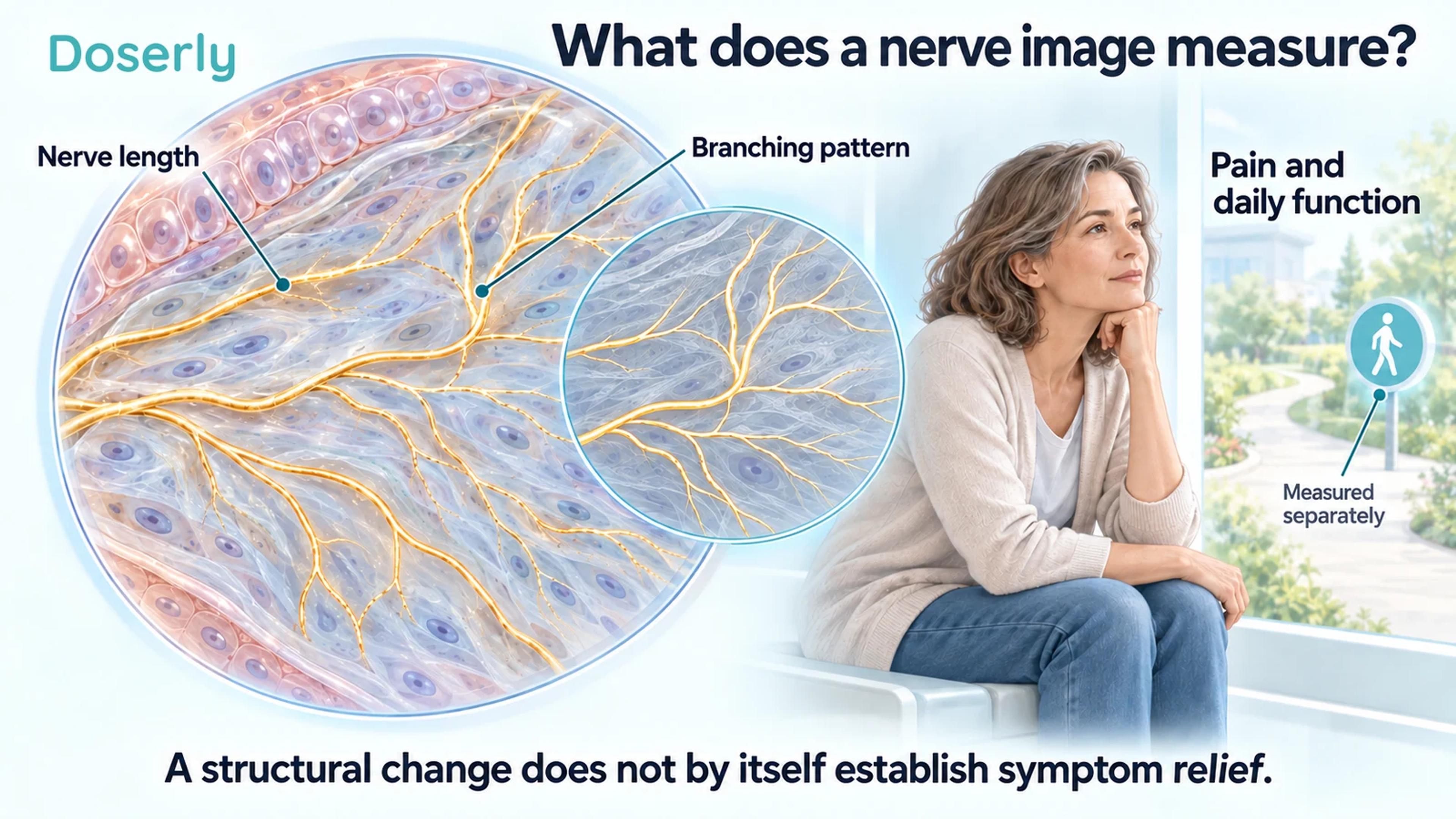 Branching corneal nerve fibers with a tracing inset, shown separately from a person and a walking path.