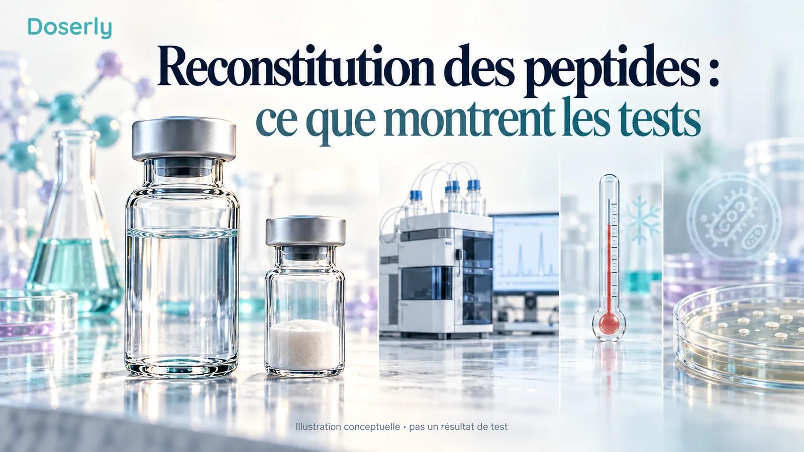 Fioles de peptides, sonde de température, tracé analytique et boîte de culture représentant différentes questions sur la reconstitution.