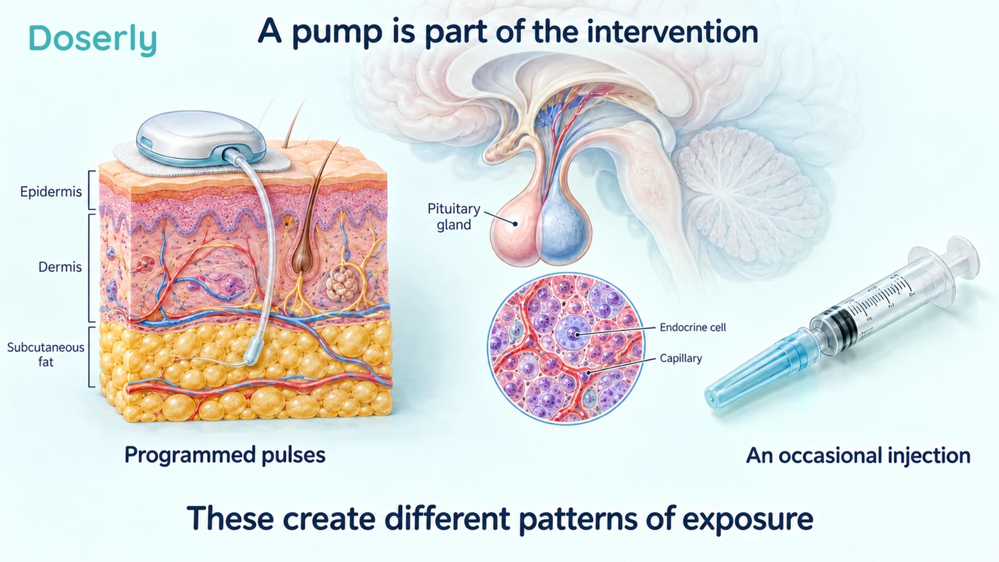 Illustrated subcutaneous pump and capped syringe beside pituitary anatomy and an independent endocrine-cell inset show distinct delivery patterns.