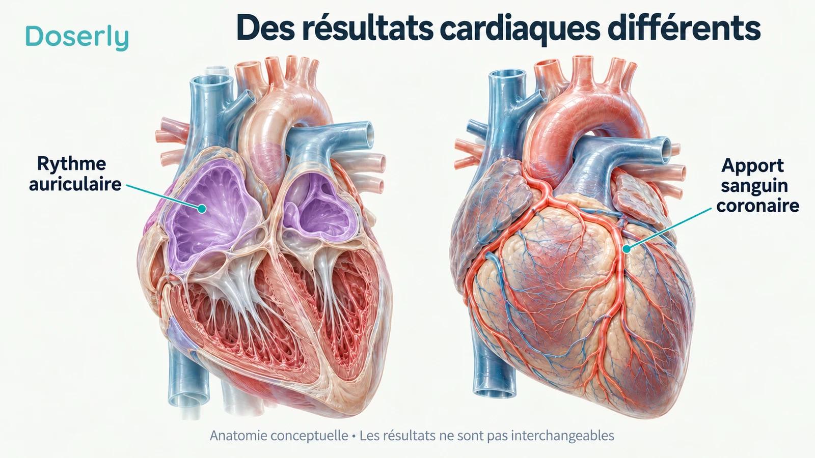 Les cavités supérieures d’un cœur et les vaisseaux coronaires sont mis en évidence dans des spécimens anatomiques pédagogiques distincts.