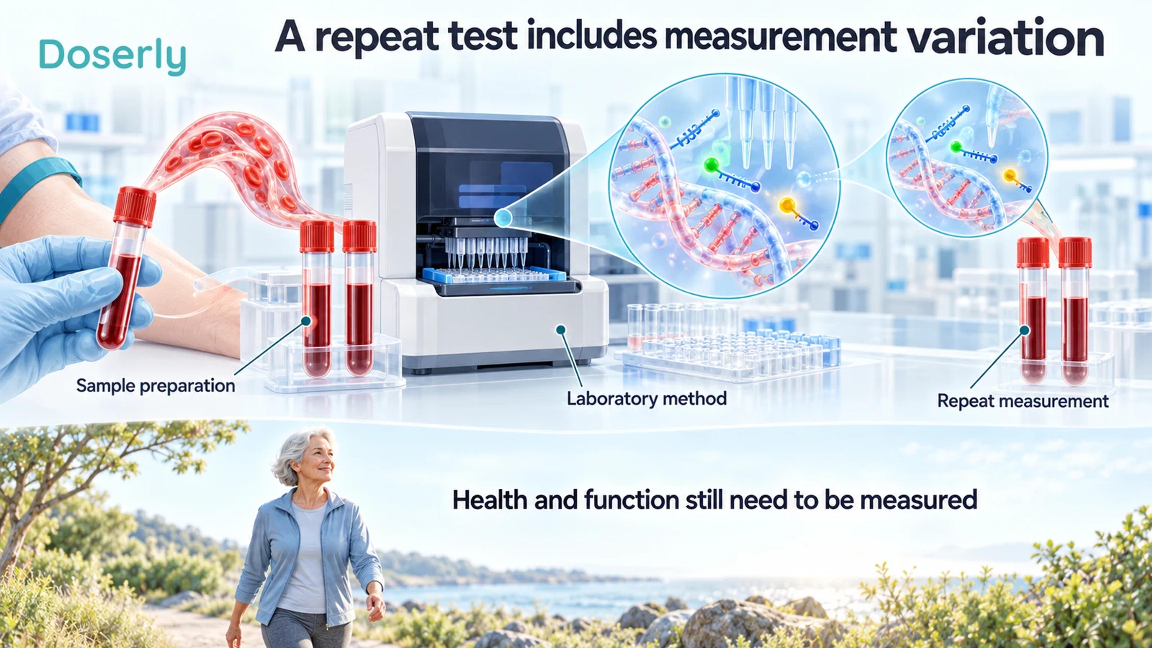 Laboratory sample preparation, an assay instrument and repeat testing, with a separate illustration of an older adult walking.
