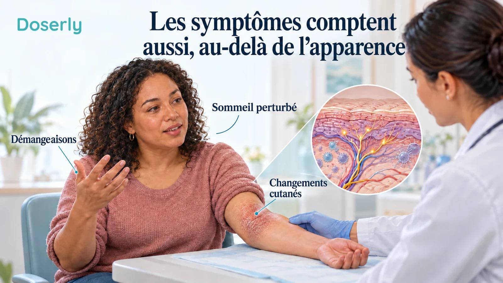 Illustration éditoriale médicale d’un clinicien examinant une éruption dans le pli de l’avant-bras d’un patient tout en discutant des démangeaisons et du sommeil.