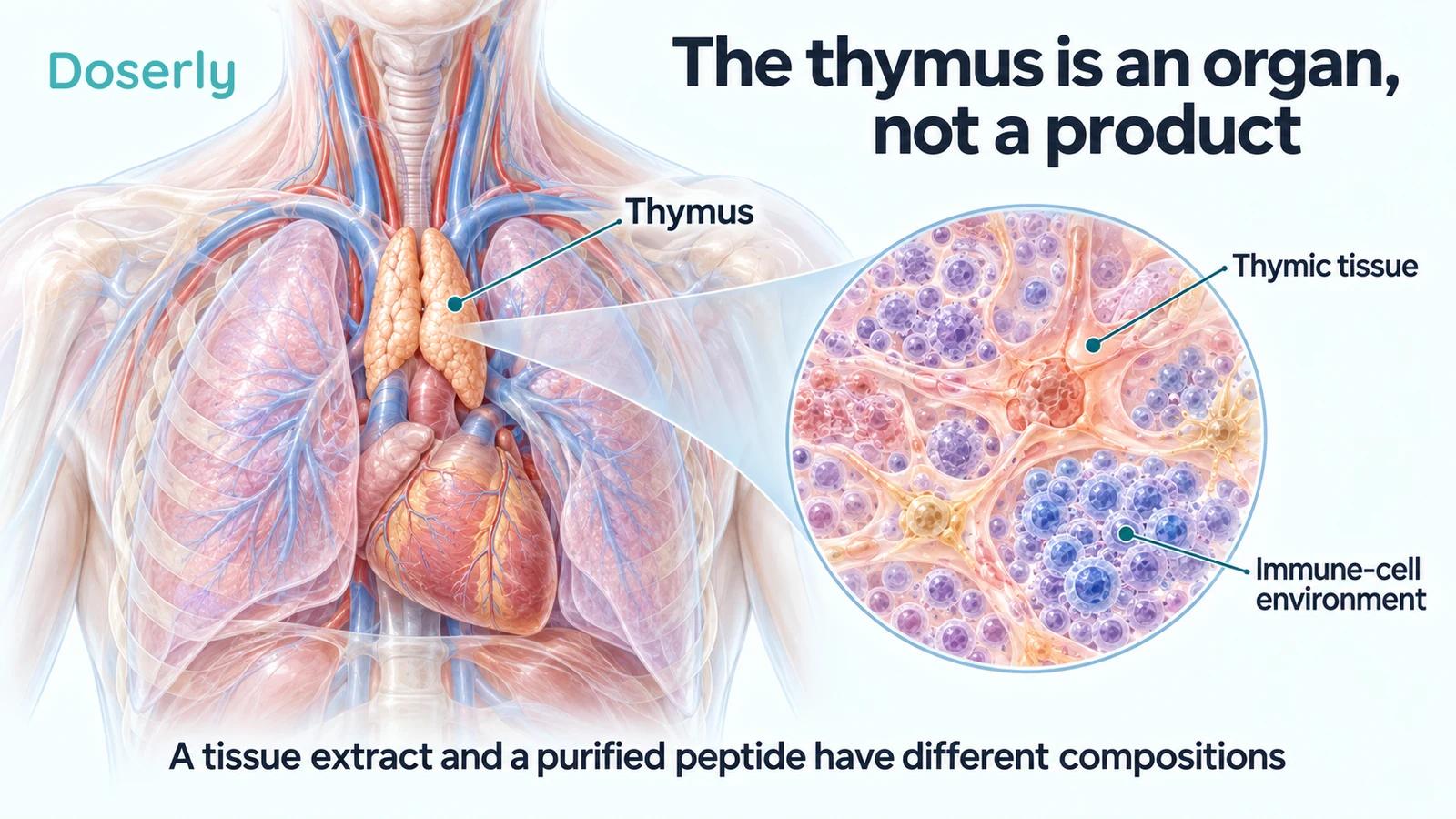 A translucent chest shows the thymus and a magnified conceptual view of thymic tissue.