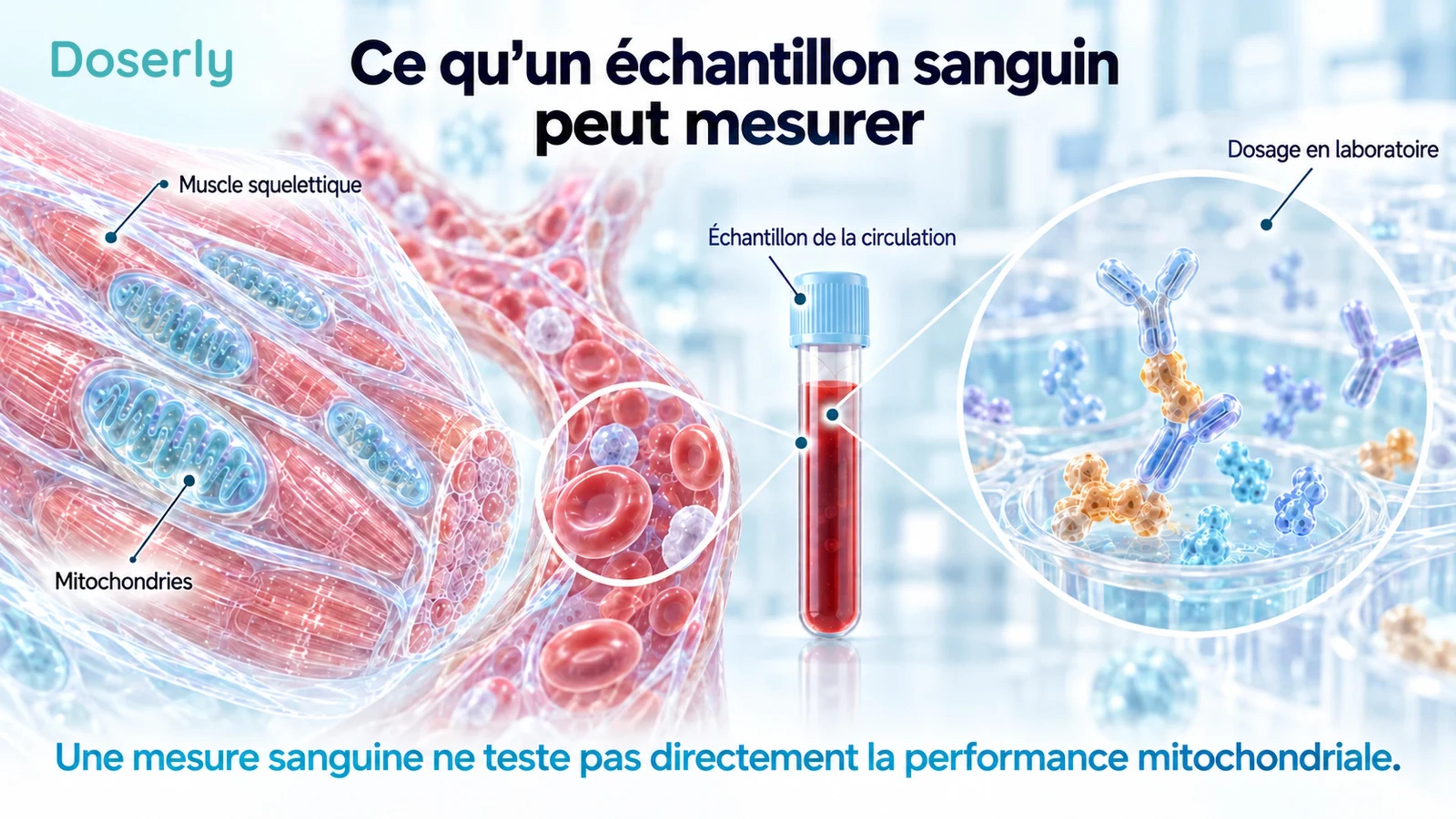 Illustration conceptuelle d’un muscle et d’un échantillon sanguin montrant la distinction entre la biologie des tissus et un dosage en laboratoire.