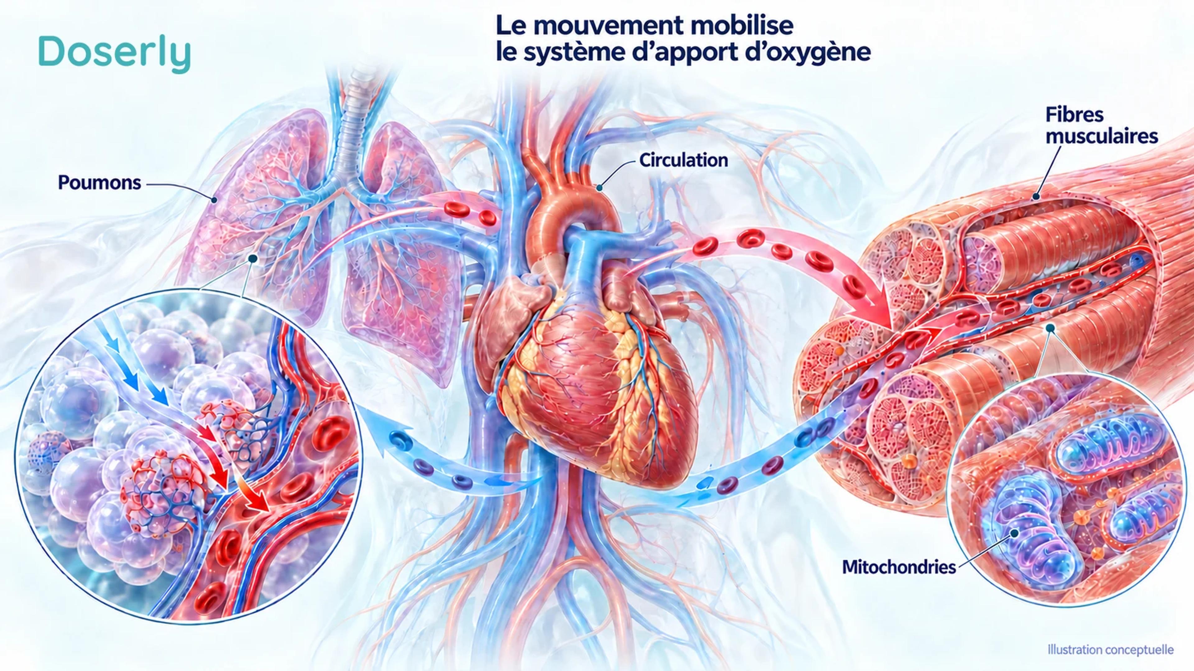Représentation conceptuelle du transport de l’oxygène par les poumons et la circulation vers les fibres musculaires squelettiques et les mitochondries.