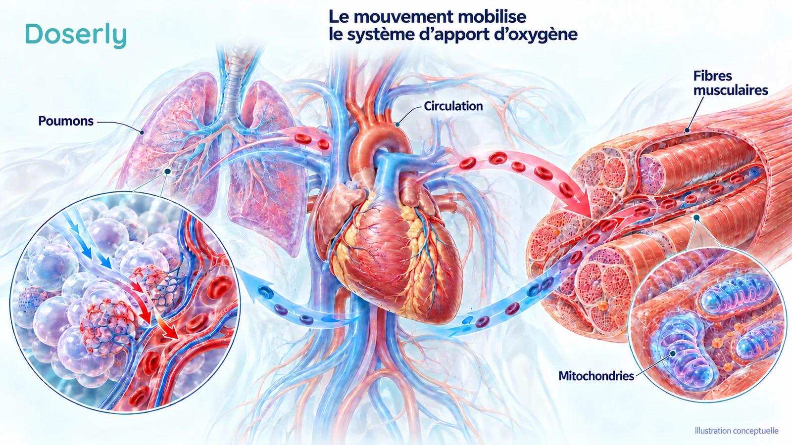 Représentation conceptuelle du transport de l’oxygène par les poumons et la circulation vers les fibres musculaires squelettiques et les mitochondries.